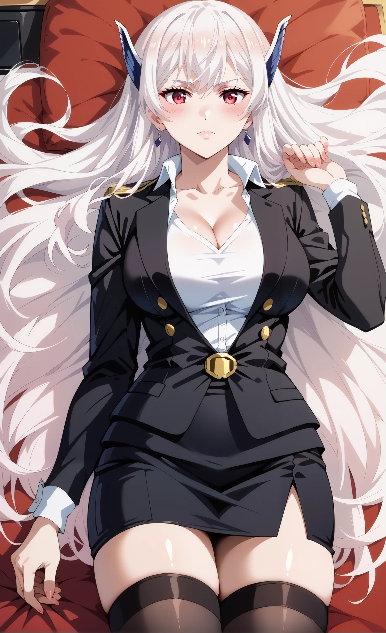 score_9, score_8_up, score_7_up, source_anime, 4K,perfect fingers,(perfect hands, perfect anatomy),prefect lighting, very aesthetic, intricate details,highly detailed background, masterpiece, high quality, best quality,
1girl,solo,kyoukauzen, kyouka uzen, long hair, red eyes, very long hair, white hair, large breasts,,
wearing ((office lady, black suit jacket,white t-shirt ,cleavage,black pencil Skirt,thighhighs,))
lying,on back,full blush,closed mouth,