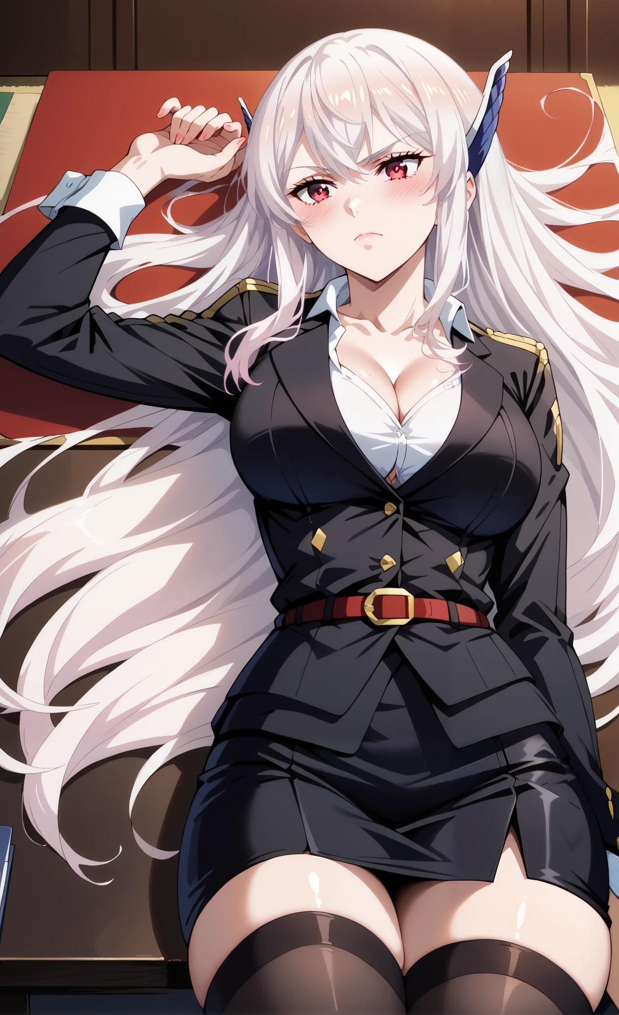 score_9, score_8_up, score_7_up, source_anime, 4K,perfect fingers,(perfect hands, perfect anatomy),prefect lighting, very aesthetic, intricate details,highly detailed background, masterpiece, high quality, best quality,
1girl,solo,kyoukauzen, kyouka uzen, long hair, red eyes, very long hair, white hair, large breasts,,
wearing ((office lady, black suit jacket,white t-shirt ,cleavage,black pencil Skirt,thighhighs,))
lying,on back,full blush,closed mouth,emotionless,