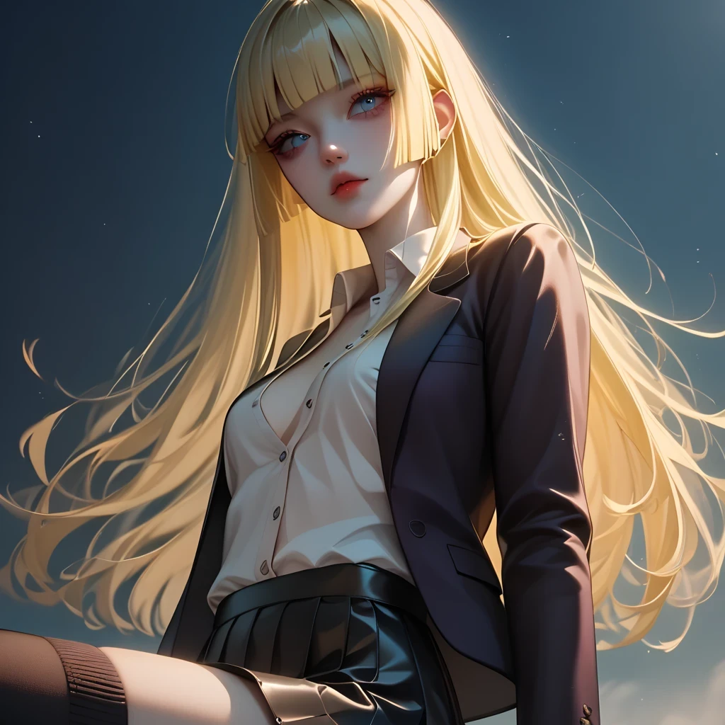 (( black hair))、(yellow inner hair), best quality 、 Masterpiece、( professional lighting without shadows )、(Nipples:0.5), surreal, charming、 figure like a slender supermodel 、 One Girl , (dynamic angle, face focus, looking side), (medium boobs), (Bright, beautiful blue eyes , ((hime cut, long hair))),(blazer , black unbuttoned shirt, (leather skirt), high socks, loafer), , ( beautiful face squinting in bright light ), Knee High Socks