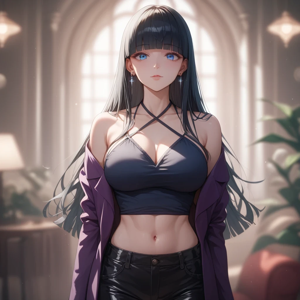 ((white Hair))、(black inner hair), best quality、 ( professional lighting without shadows )、 surreal, (Nipples:0.4), is fascinating、 figure like a slender supermodel、 one girl ,, ( big breasts, Belly button exposed), ( flat at honny, beautiful skin)), (明るい and beautiful blue eyes , ((hime cut,long hair )), ((velvet blazer:1.4), (Satin camisole:1.3), Tailored trousers, pumps, earrings, (Silk Halter-top:1.3)) , ( beautiful face squinting in bright light ),character in foreground, blurred background