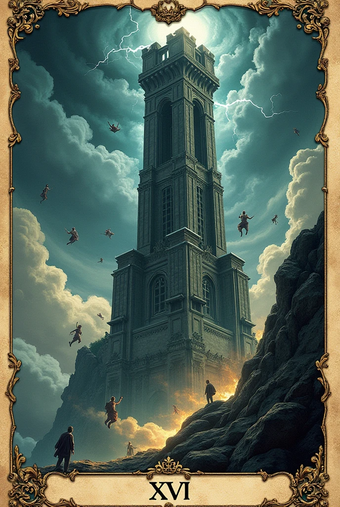 realistic, photo,<lora:Tarotv0.2:0.9>, tarot card,the tower, burning tower, fire ,thunderstorm, jumping people, falling