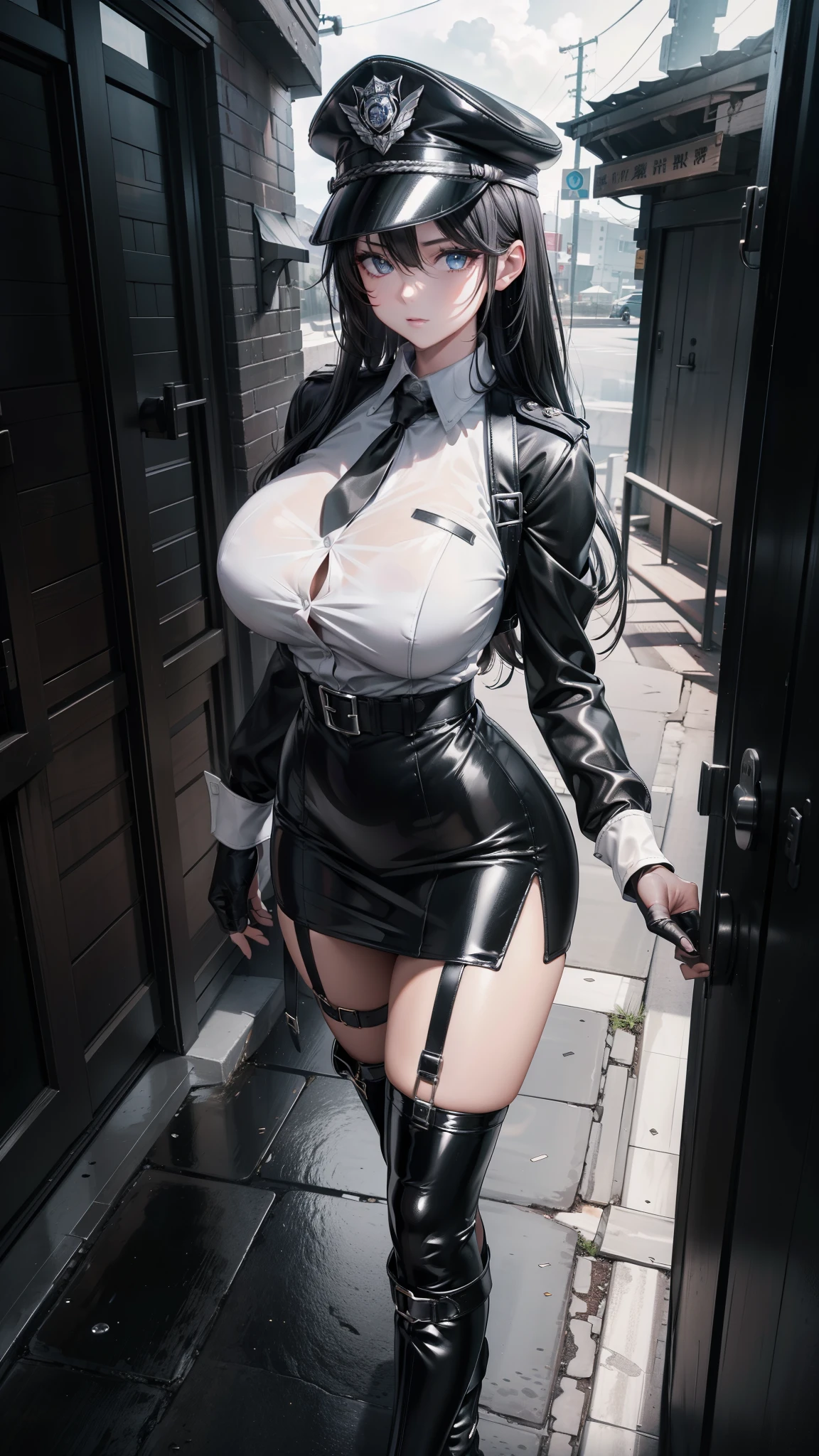 esdeath, long hair, hat, peaked cap, military, uniform, military uniform, choker, thighhighs, boots, thigh boots, chest tattoo(Beautiful detailed breasts),(Huge breasts), (((sexy pose, model pose, standing pose)))street,sunny day,
