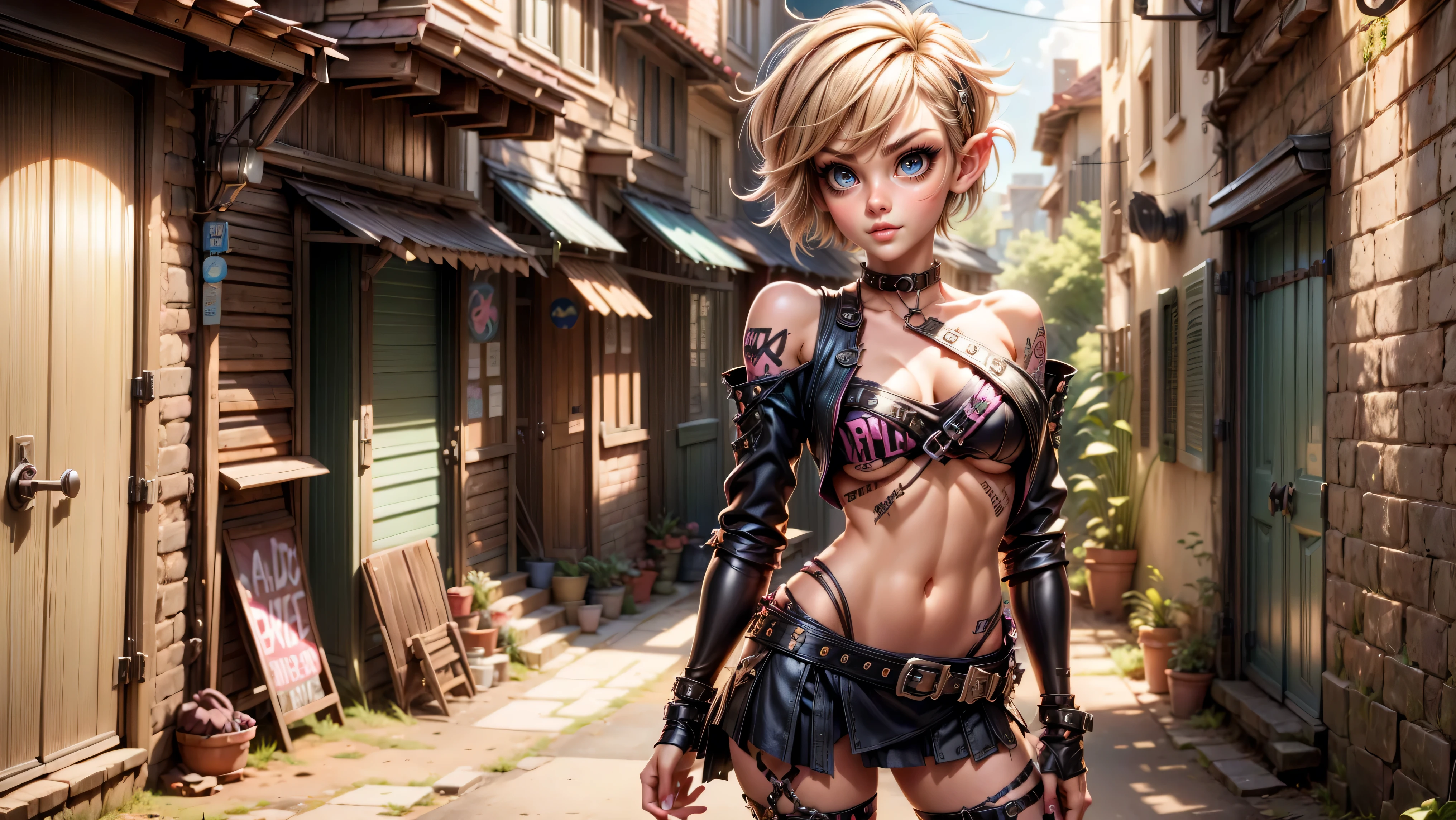 ((1girl, solo)), standing in a dark alley, edgy, goth girl, punk girl, young girl, cute girl, skinny, petite, ((punk makeup)), ((short hair)), ((pixie cut)), ((blonde hair)), ((streaks in her hair)), ((loose top)), midriff, ((top loosely draped over her breasts)), underboob, looking at viewer, choker, sexy, skirt low on hips, cowboy shot, (full body portrait), beautiful lips, sexy mouth, ribbon, hair ribbon, bangs, upper body, blue eyed, bangs, ribbon, meadow background, springtime, leaning against a wall in a dark alley,