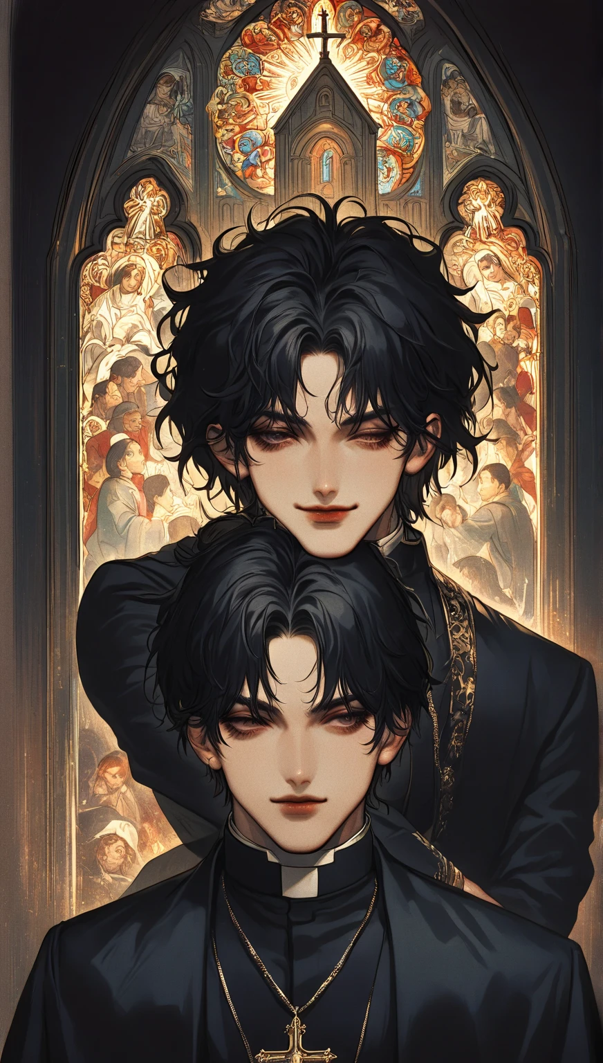 anime man in the night city, attractive man with сиреневые глаза while squinting, black hair, 1 person, (((black military uniform))), beautiful detailed eyes, lilac eyes eyes, squinting, shoulder-length curly hair, (Best quality,4K,8 k,A high resolution,masterpiece:1.2), ultra detailed,bright colors,dramatic lighting,complex parts,Cinematic, A tall man, A sly smile on his face, long hair, full length