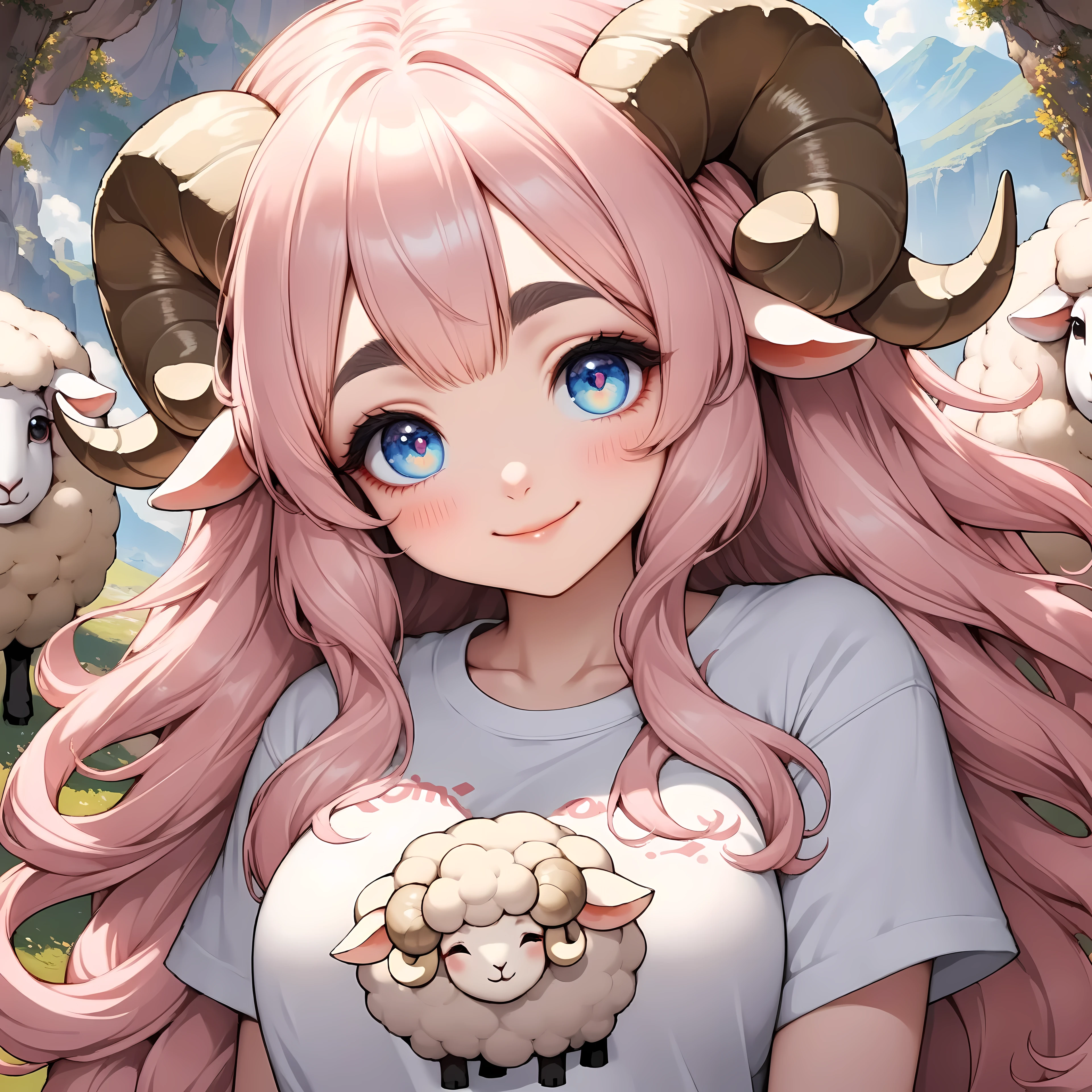 (masterpiece, best quality, extremely detailed, absurdres, very aesthetic), dutch angle, cowboy shot, (highly detailed background, lighting), (sheep girl\super detailed skin, detailed beautiful face and eyes, Big and soft anime eyes, Thick eyebrows:1.1,Fluffy long hair like a sheep's wool, pink hair, Each and every strand of hair is depicted in detail, Sheep's round horns, smile), "Thanks 70k" written on a T-shirt BREAK Natural elements, fantastical features, light and shadow effects, color and atmosphere, "70k" sign\huge
