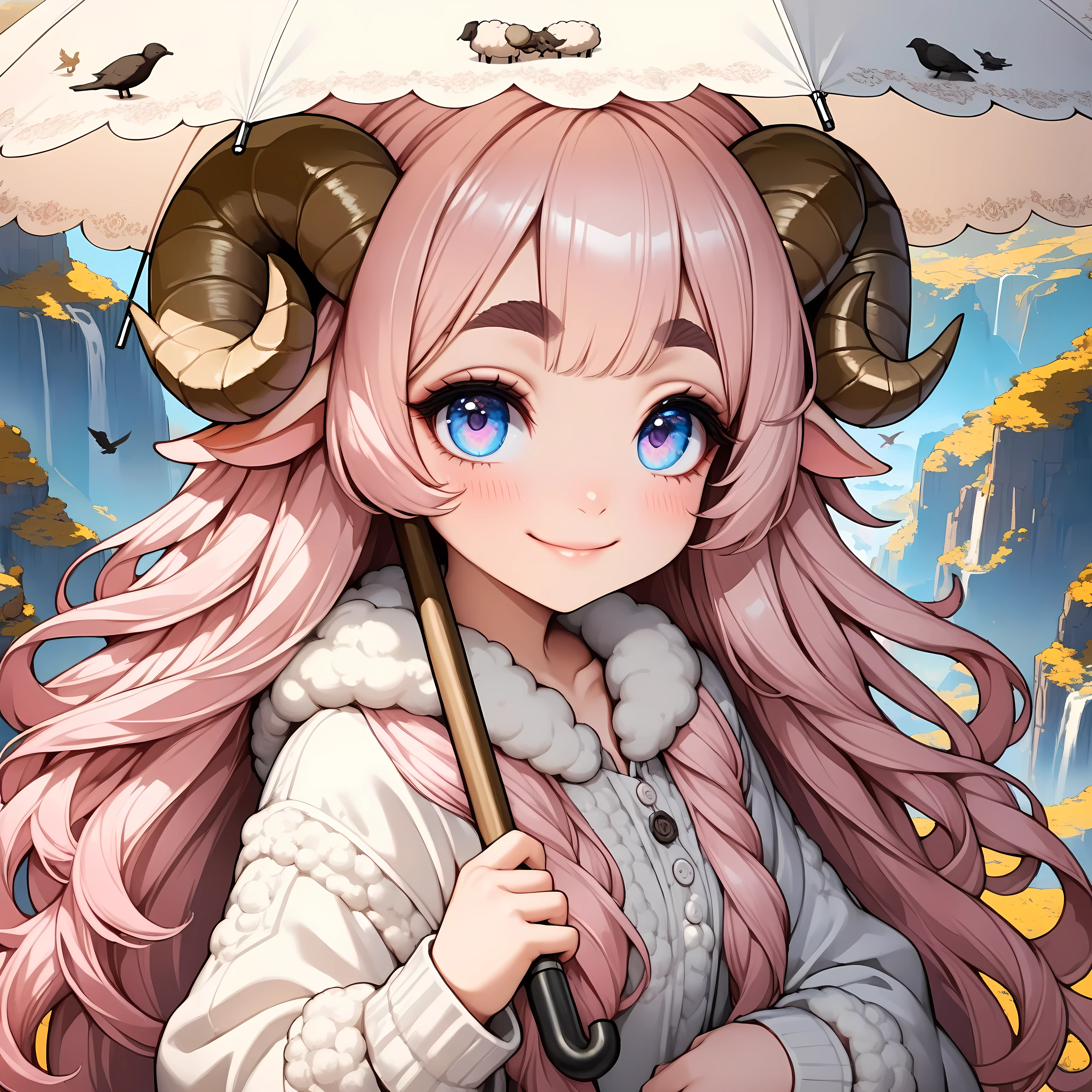 (masterpiece, best quality, extremely detailed, absurdres, very aesthetic), bird of view, (highly detailed background, lighting), (sheep girl\super detailed skin, detailed beautiful face and eyes, Big and soft anime eyes, Thick eyebrows:1.1,Fluffy long hair like a sheep's wool, pink hair, Each and every strand of hair is depicted in detail, Sheep's round horns, smile), "Thanks 70k" written on an umbrella BREAK Natural elements, fantastical features, light and shadow effects, "70k" sign\huge