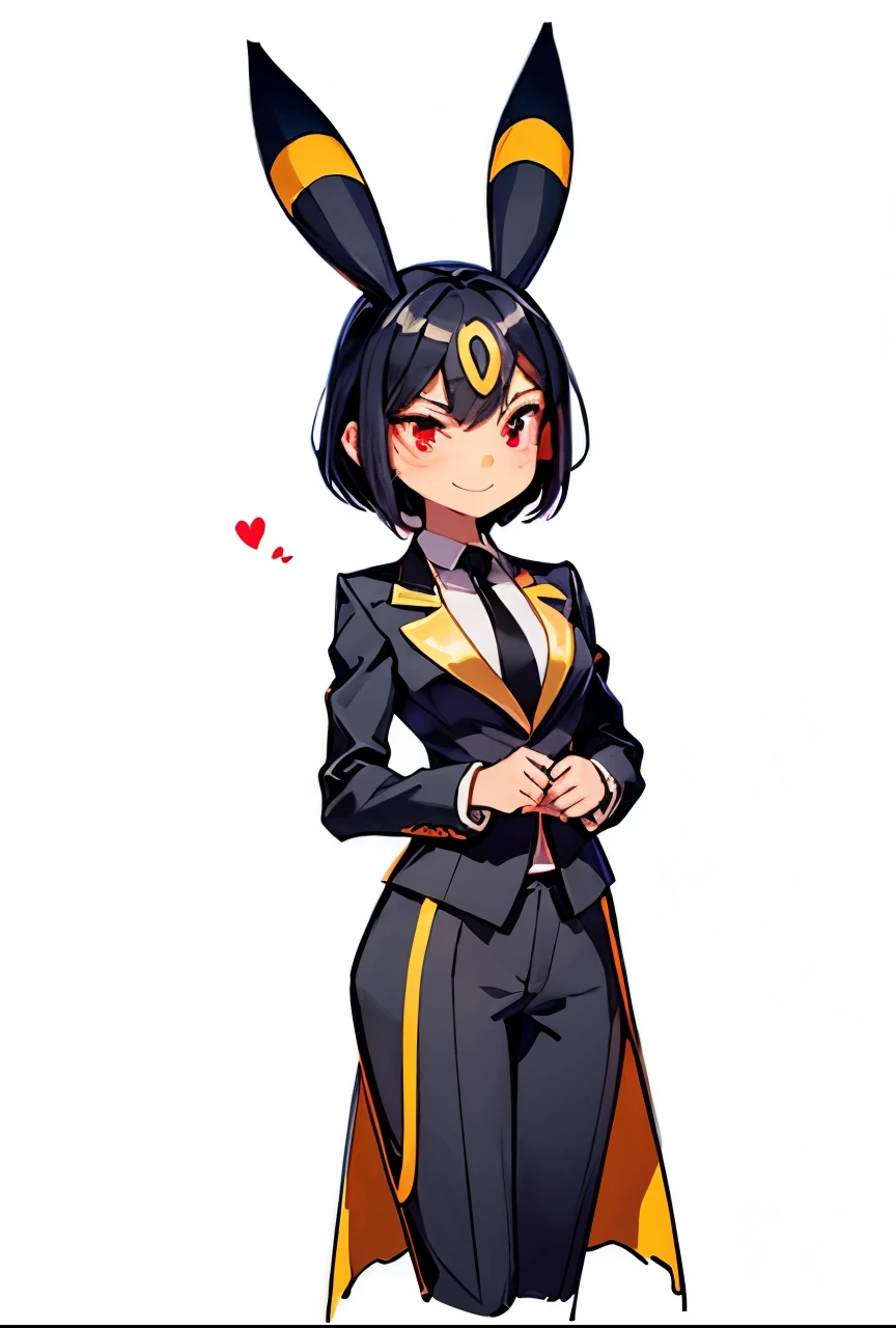 A girl with red eyes, Umbreon ears with a horizontal yellow stripe in the middle, jet-black hair with pixie cut and seductive smile , wearing a black gala suit , White shirt, black pants, black jacket and pastel pink tie , Everything fits the body and highlights its curves. She has a flat chest, Small hips and small waist , but a well-trained butt .