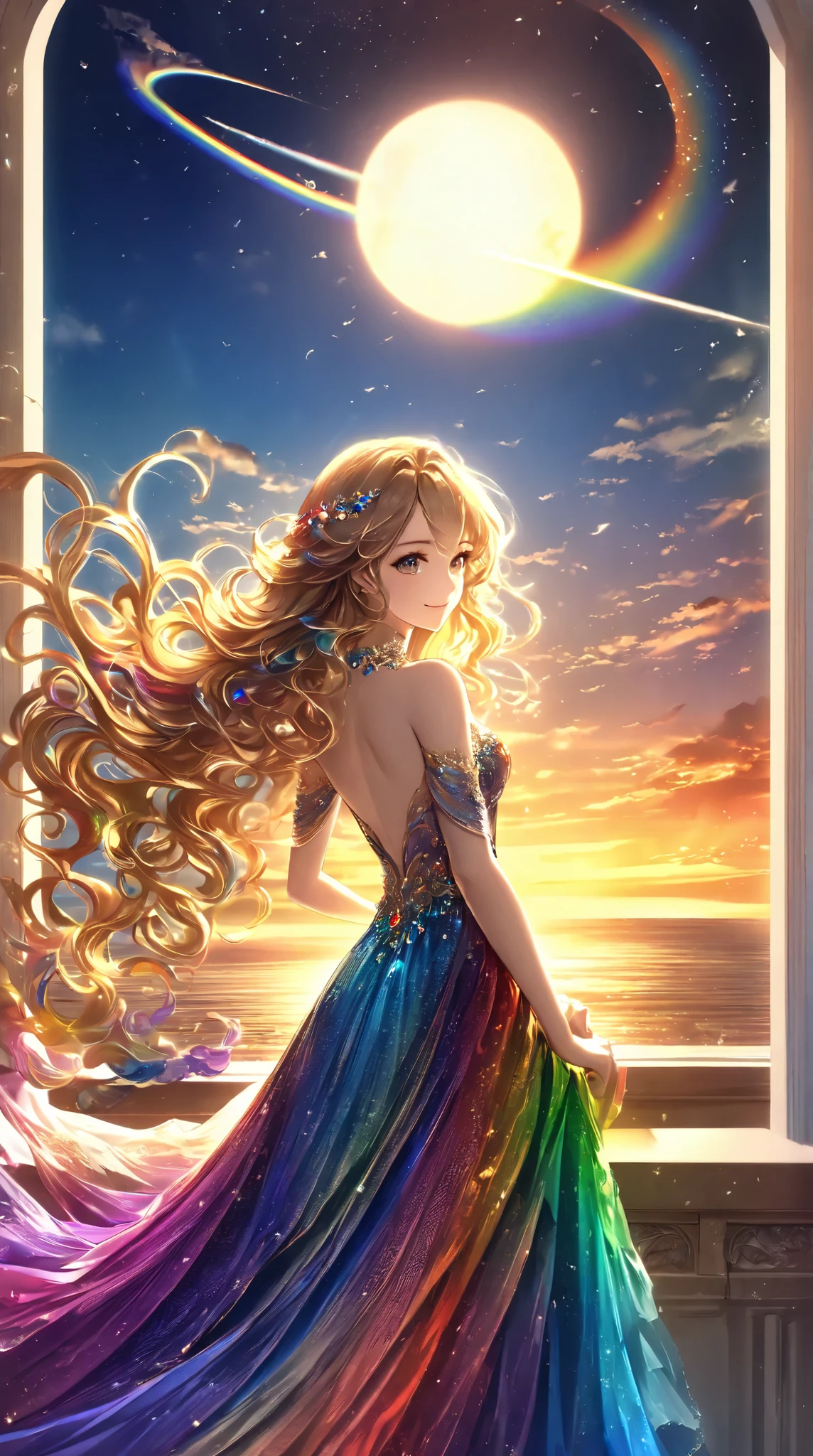 (( top quality)),( super high resolution),( very detailed from outside the window),( detailed explanation ),(( best CG )),( Best Artwork ), Ultra-precise art, amazing painting art,(Exquisite art:1.5), Lady, wavy hair, eyes that shine like jewels woven with rainbow thread, A dazzling dress woven with rainbow yarn, gentle smile, dazzling accessory, the horizon where the sun sets, crescent,