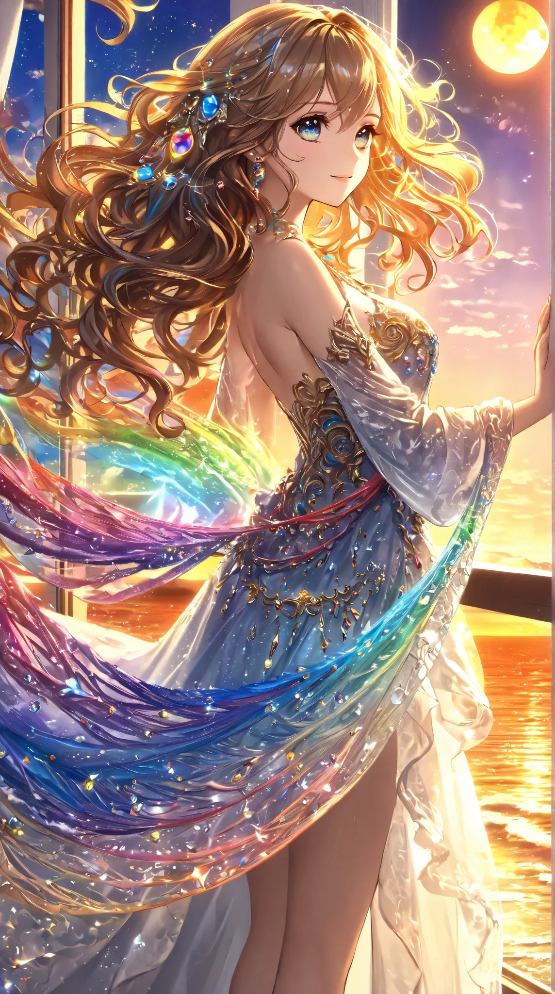 (( Top Quality)),( super high resolution),( very detailed from outside the window),( detailed explanation ),(( best CG )),( Best Artwork ), Ultra-precise art, amazing painting art,(Exquisite art:1.5), Lady, wavy hair, eyes that shine like jewels woven with rainbow thread, A dazzling dress woven with rainbow yarn, gentle smile, dazzling accessory, the horizon where the sun sets, crescent,