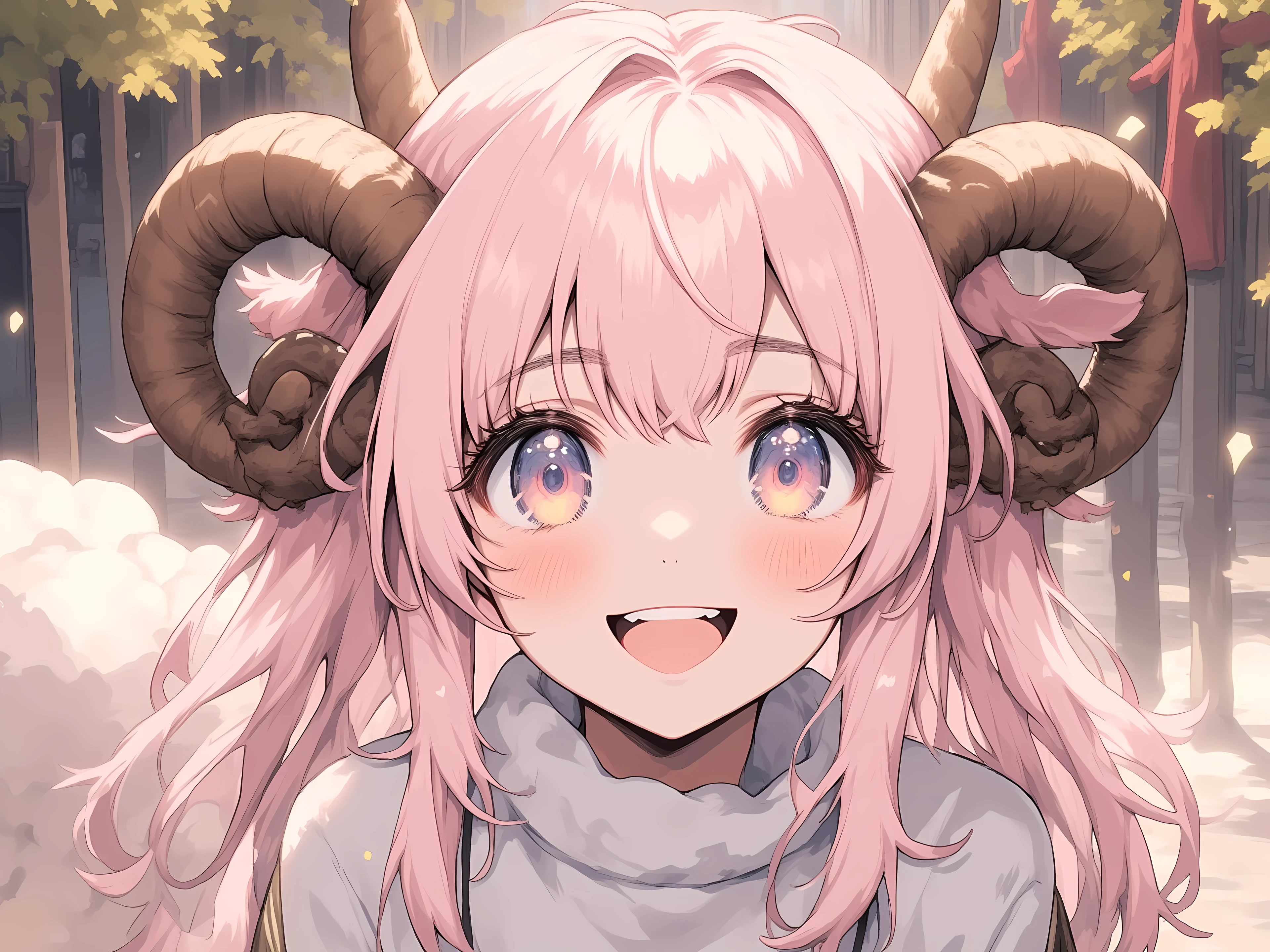 (masterpiece, best quality, extremely detailed, absurdres, very aesthetic), dutch angle, cowboy shot, (highly detailed background, lighting), (sheep girl\super detailed skin, detailed beautiful face and eyes, Big and soft anime eyes, Thick eyebrows:1.1,Fluffy long hair like a sheep's wool, pink hair, Each and every strand of hair is depicted in detail, Sheep's round horns, smile), Tシャツに書かれた「Thanks 70ｋ」 BREAK Natural elements, fantastical features, light and shadow effects, color and atmosphere, "70k" sign
