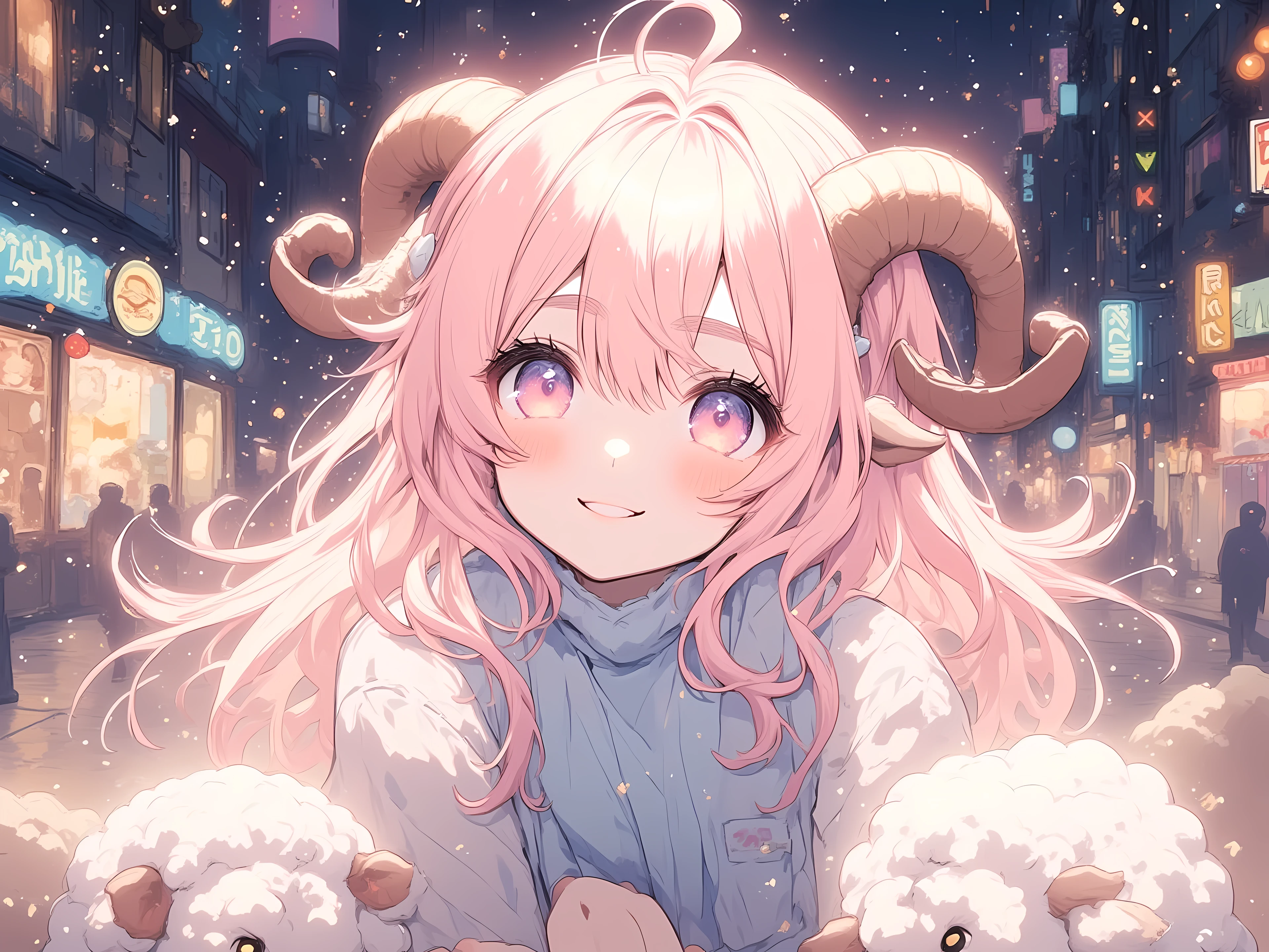 (masterpiece, best quality, extremely detailed, absurdres, very aesthetic), dutch angle, cowboy shot, (highly detailed background, lighting), (sheep girl\super detailed skin, detailed beautiful face and eyes, Big and soft anime eyes, Thick eyebrows:1.1,Fluffy long hair like a sheep's wool, pink hair, Each and every strand of hair is depicted in detail, Sheep's round horns, smile), Tシャツに書かれた「Thanks 70k」 BREAK Natural elements, fantastical features, light and shadow effects, color and atmosphere, "70k" sign