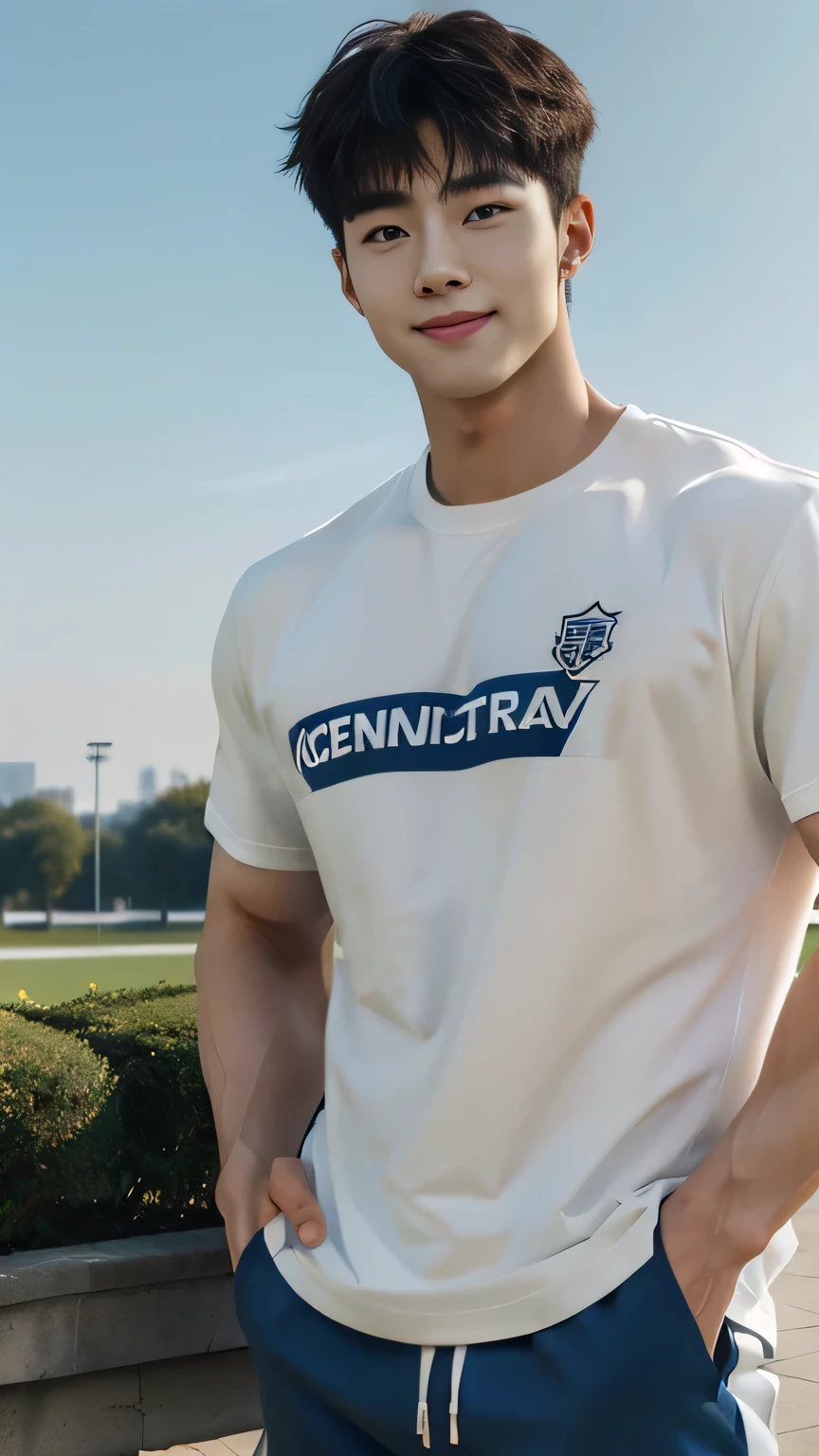(As a matter of fact, Masterpiece, 8k HD, good light quality, sportswear, fit the face, complicated details), A handsome, muscular young Korean man. , 20 years old, be happy, smile brightly, detailed face, delicate eyes, มองดูsky, Wear casual clothes, period, black eyes, Black hair color, ผมsmooth, smooth, outdoor sports, Along the garden, Sunny,sky,Surreal,Awesome details,Highest quality,real,