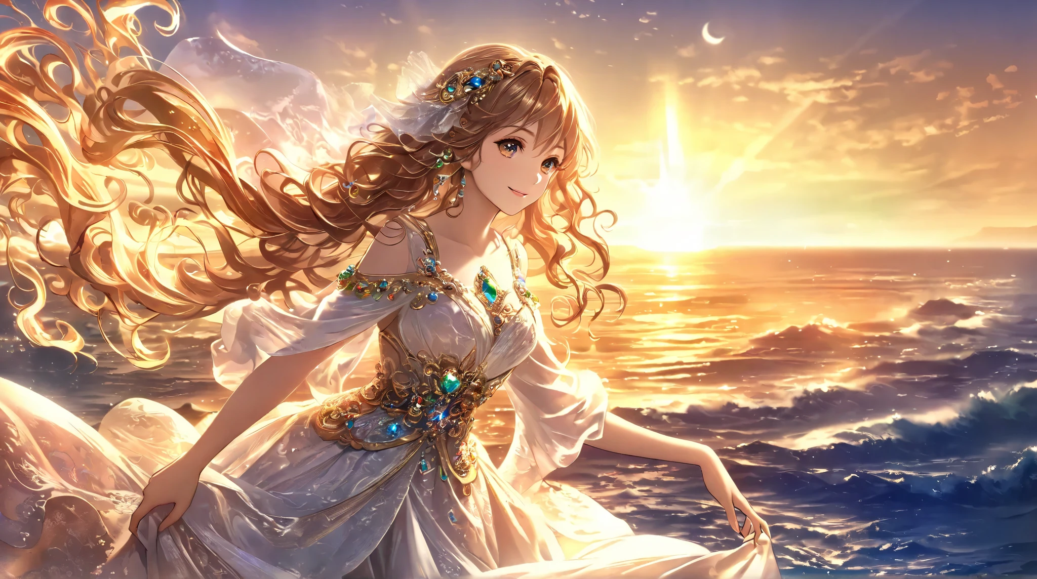 (( top quality)),( super high resolution),( very detailed from outside the window),( detailed explanation ),(( best CG )),( Best Artwork ), Ultra-precise art, amazing painting art,(Exquisite art:1.5), Lady, wavy hair, eyes that shine like jewels woven with rainbow thread, A dazzling dress woven with rainbow yarn, gentle smile, dazzling accessory, the horizon where the sun sets, crescent,