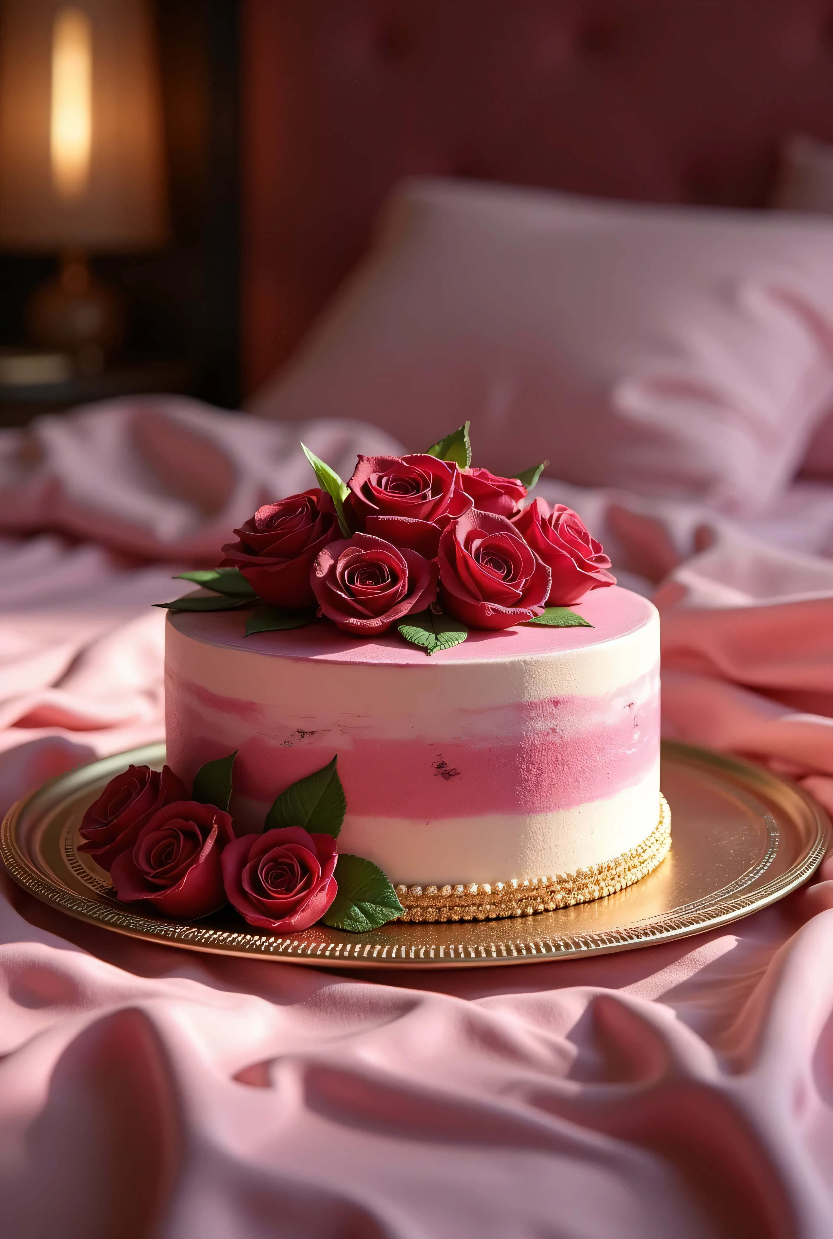 there is a beautiful large plate on the bed in it. A beautiful large kiwi and cherry cake The cake is decorated with creamy burgundy roses