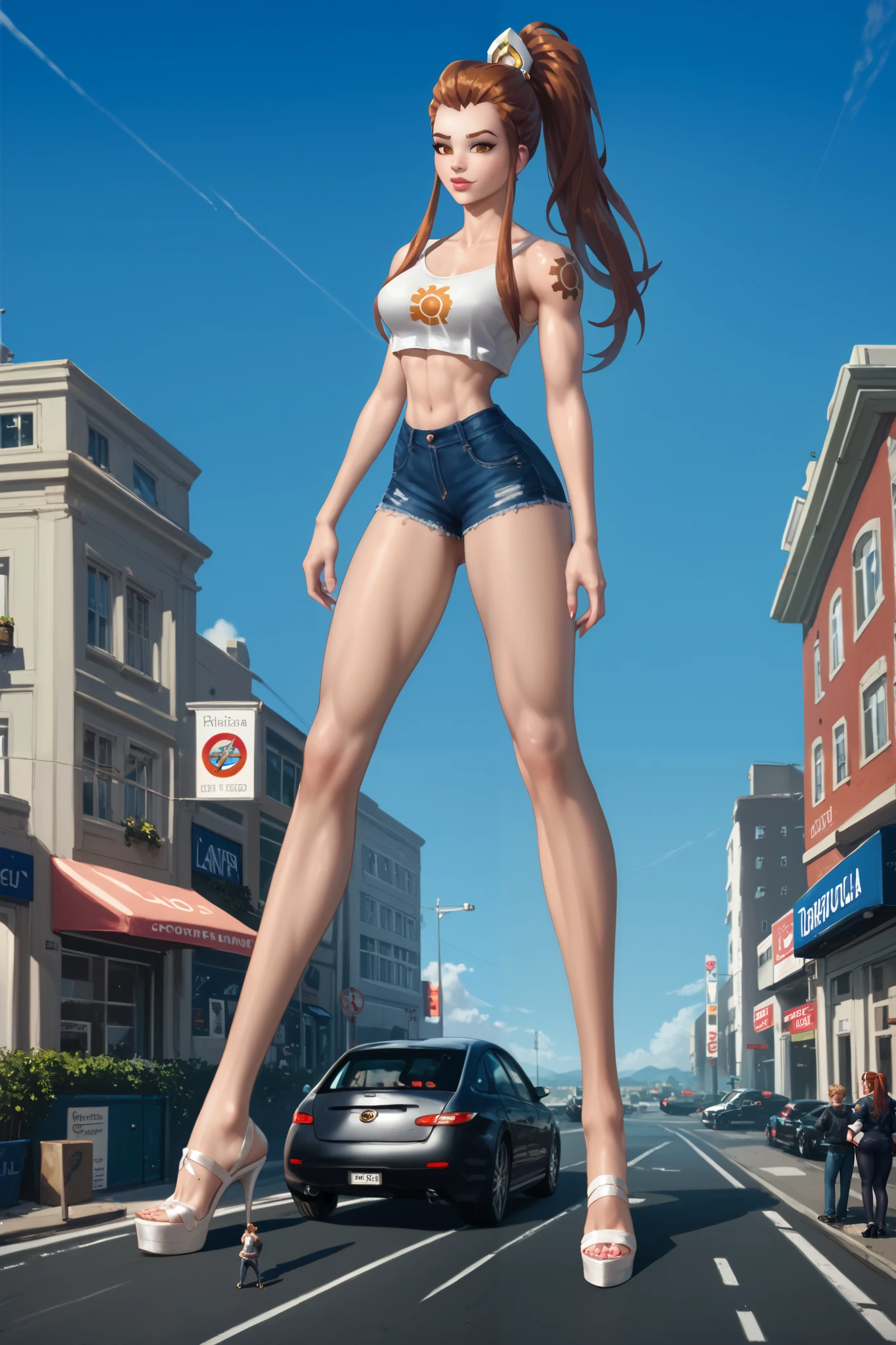 Brigitte, woman standing on top of a car with a short man standing beside her, long legs, giant legs, long thin legs, massive legs towering over you, very very very tall, very tall, very very very very tall, tall and lanky skinny, tall tall tall tall girl, on a parking lot, she is tall, detailed legs towering over you, outside in parking lot, very aesthetic, giantess, size difference, beautiful face, detailed features, long long long long long long legs