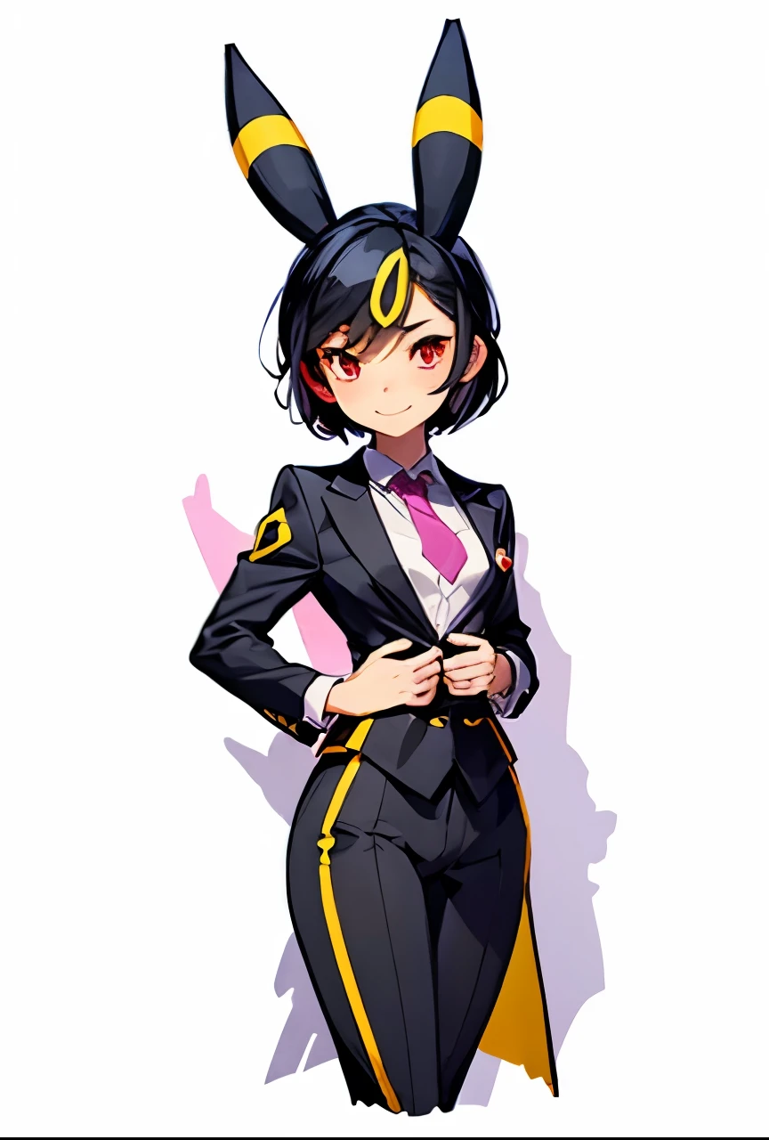 A girl with red eyes, Umbreon ears with a horizontal yellow stripe in the middle, jet-black hair with pixie cut and seductive smile , wearing a black gala suit , White shirt, black pants, black jacket and pastel pink tie , Everything fits the body and highlights its curves. She has a flat chest, Small hips and small waist , but a well-trained butt .