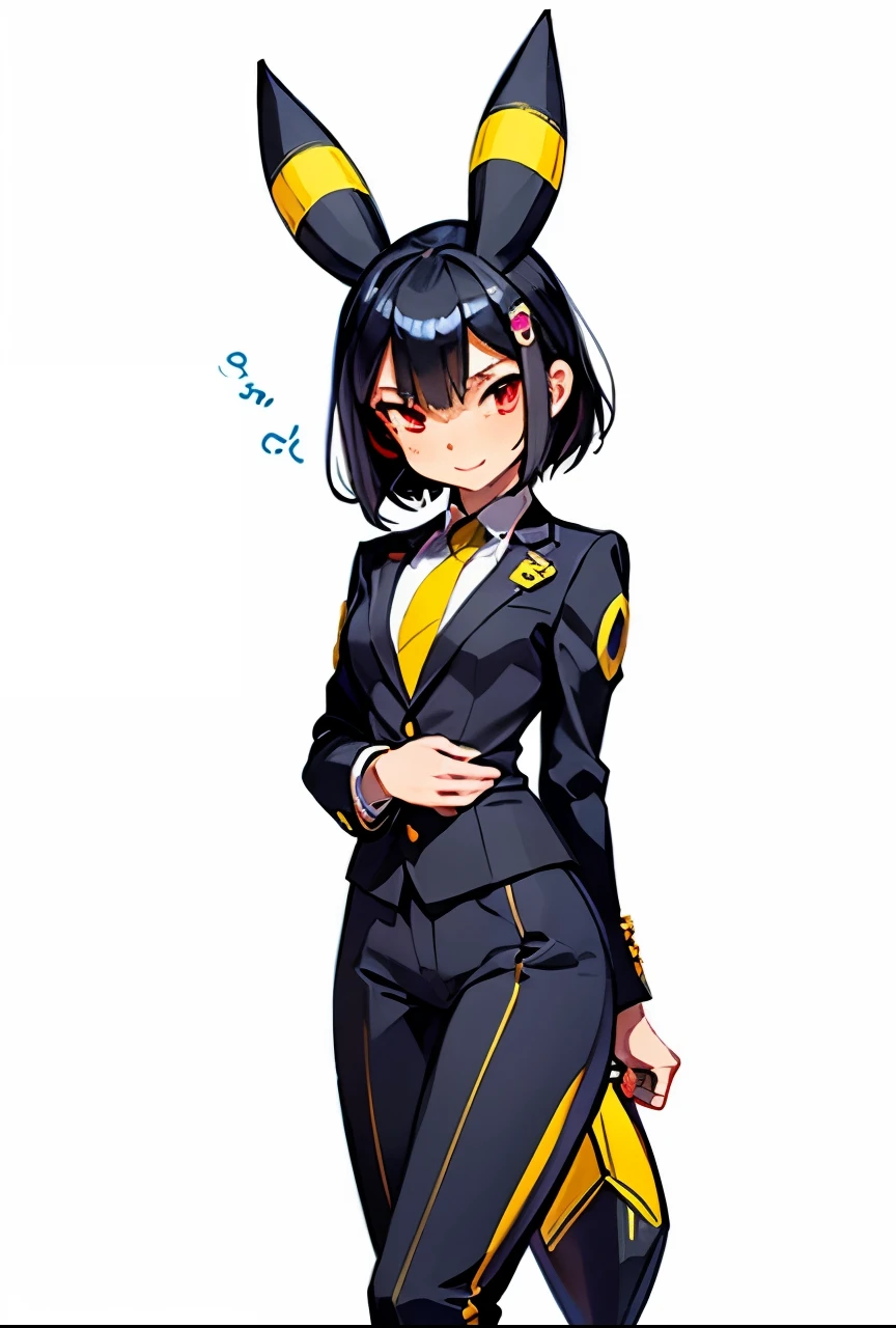 A girl with red eyes,  Umbreon ears with a horizontal yellow stripe in the middle,  jet-black hair with pixie cut and seductive smile , wearing a black gala suit ,  White shirt,  black pants,  black jacket and pastel pink tie , Everything fits the body and highlights its curves. She has a flat chest,  Small hips and small waist ,  but a well-trained butt .