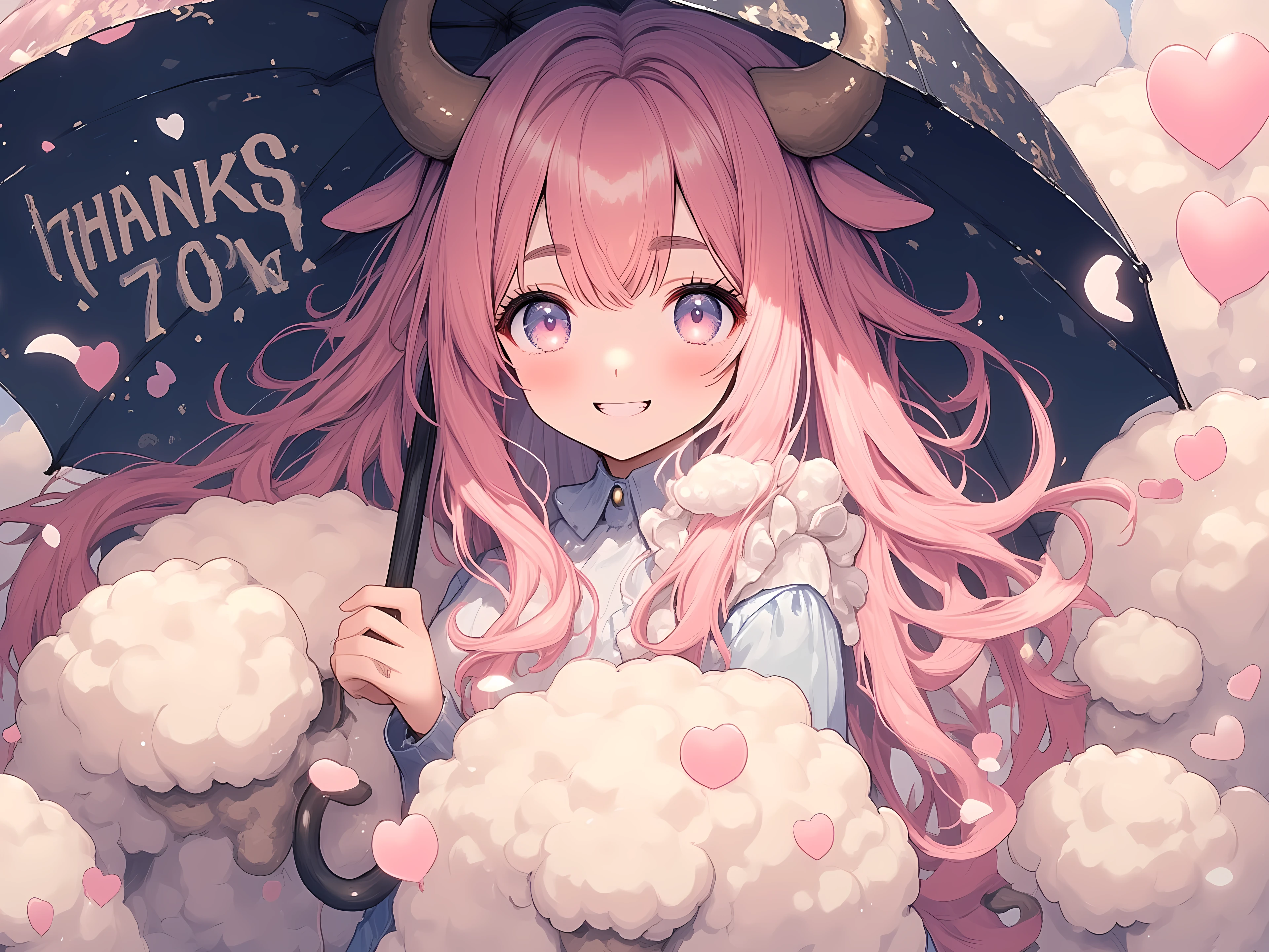 "Thanks 70k" written on an umbrella, (masterpiece, best quality, extremely detailed, absurdres, very aesthetic), dutch angle, cowboy shot, (highly detailed background, lighting), (sheep girl\super detailed skin, detailed beautiful face and eyes, Big and soft anime eyes, Thick eyebrows:1.1,Fluffy long hair like a sheep's wool, pink hair, Each and every strand of hair is depicted in detail, Sheep's round horns, smile), Tシャツに書かれた「Thanks 70k」 BREAK Natural elements, fantastical features, light and shadow effects, color and atmosphere, "70k" sign
