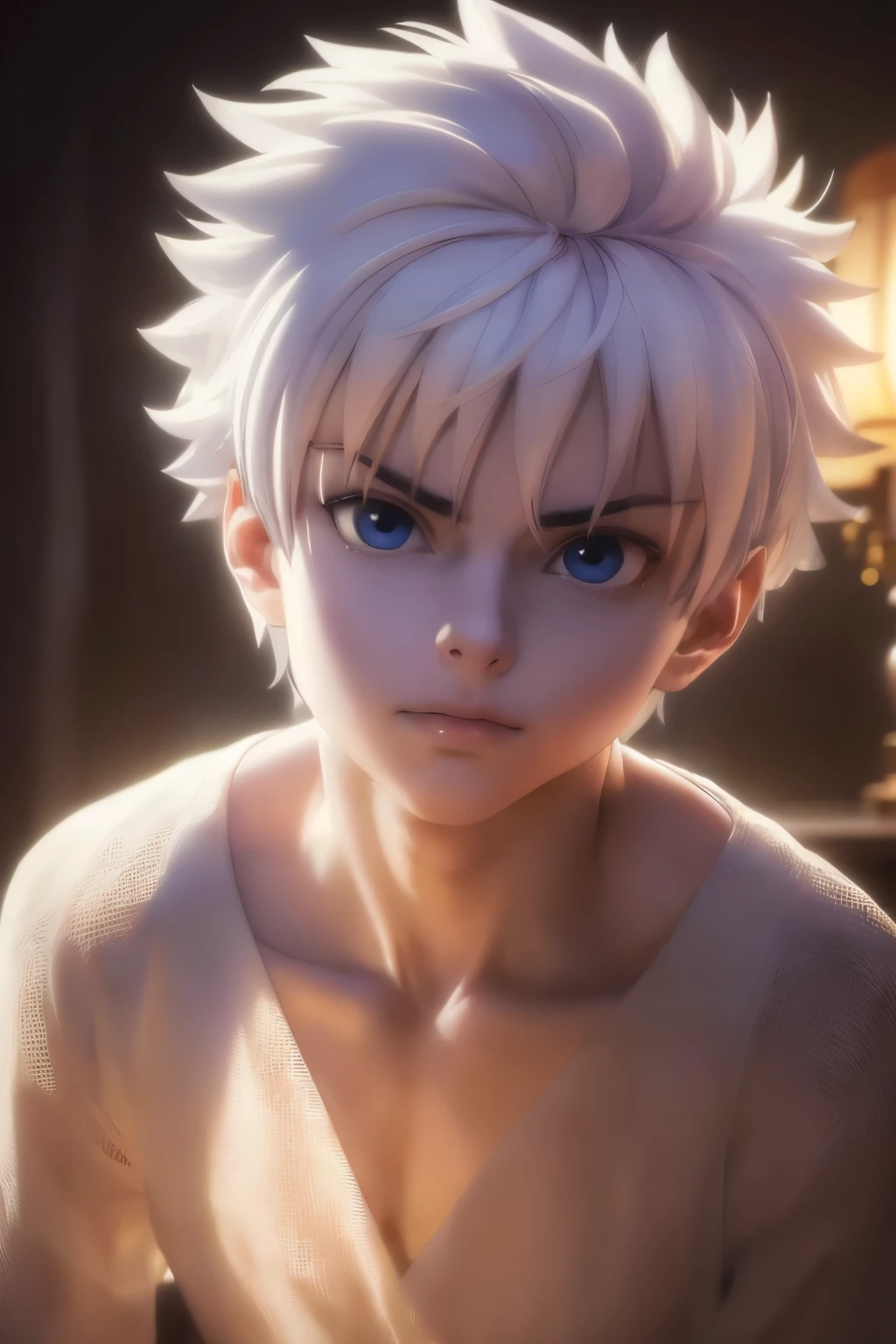 1boy, (masterpiece, realistic, absurdres, best quality, Highest image quality, high resolution:1.2 ), (photorealistic:1.4), KilluaZoldyck, very handsome, perfect face, cute face, clear and beautiful detailed eyes, white hair, shiny hair, perfect eyebrows, detailed skin, perfect hands, good anatomy, looking at camera, playful expression, night, studio lighting, soft light, stay away from the lens, front view, (intricate detail, clear composition, Professional photography, ultra realistic 8k resolution:1.2),