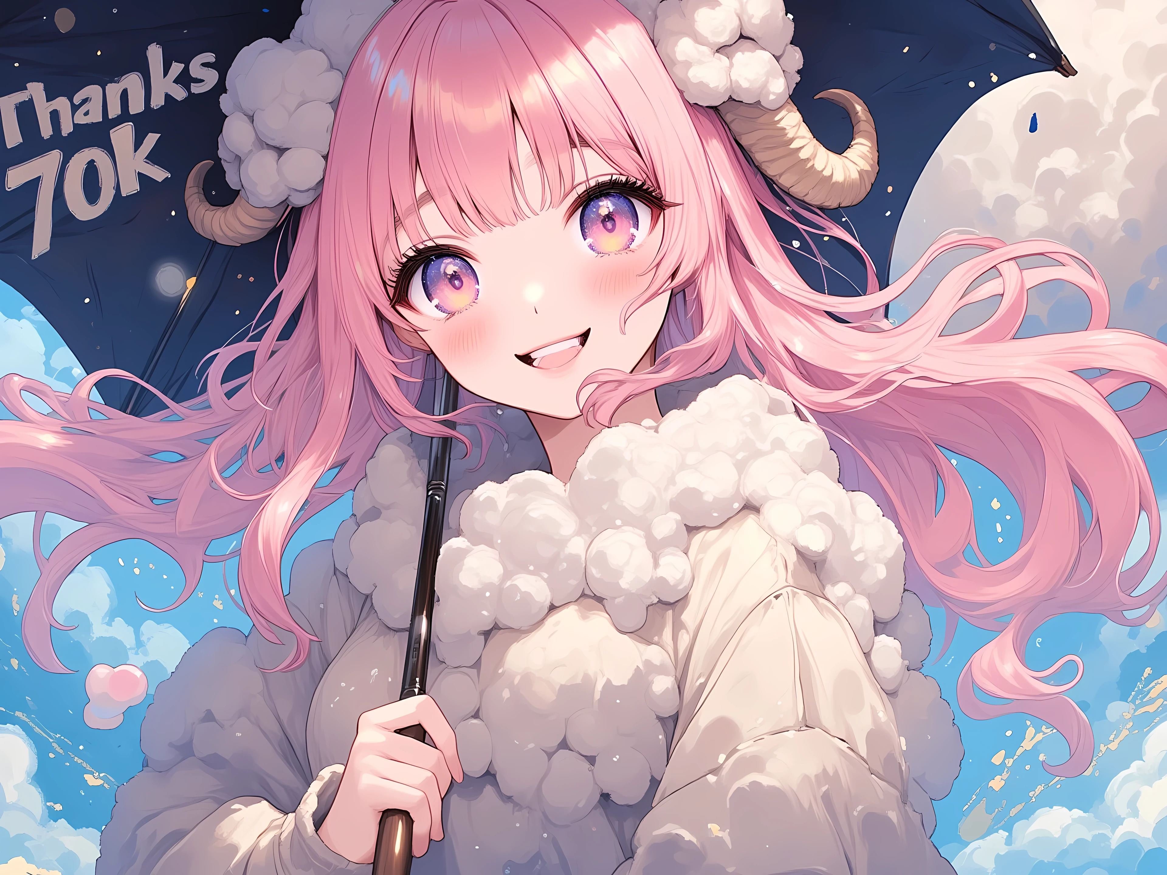 "Thanks 70k" written on an umbrella, (masterpiece, best quality, extremely detailed, absurdres, very aesthetic), dutch angle, cowboy shot, (highly detailed background, lighting), (sheep girl\super detailed skin, detailed beautiful face and eyes, Big and soft anime eyes, Thick eyebrows:1.1,Fluffy long hair like a sheep's wool, pink hair, Each and every strand of hair is depicted in detail, Sheep's round horns, smile), Tシャツに書かれた「Thanks 70k」 BREAK Natural elements, fantastical features, light and shadow effects, color and atmosphere, "70k" sign