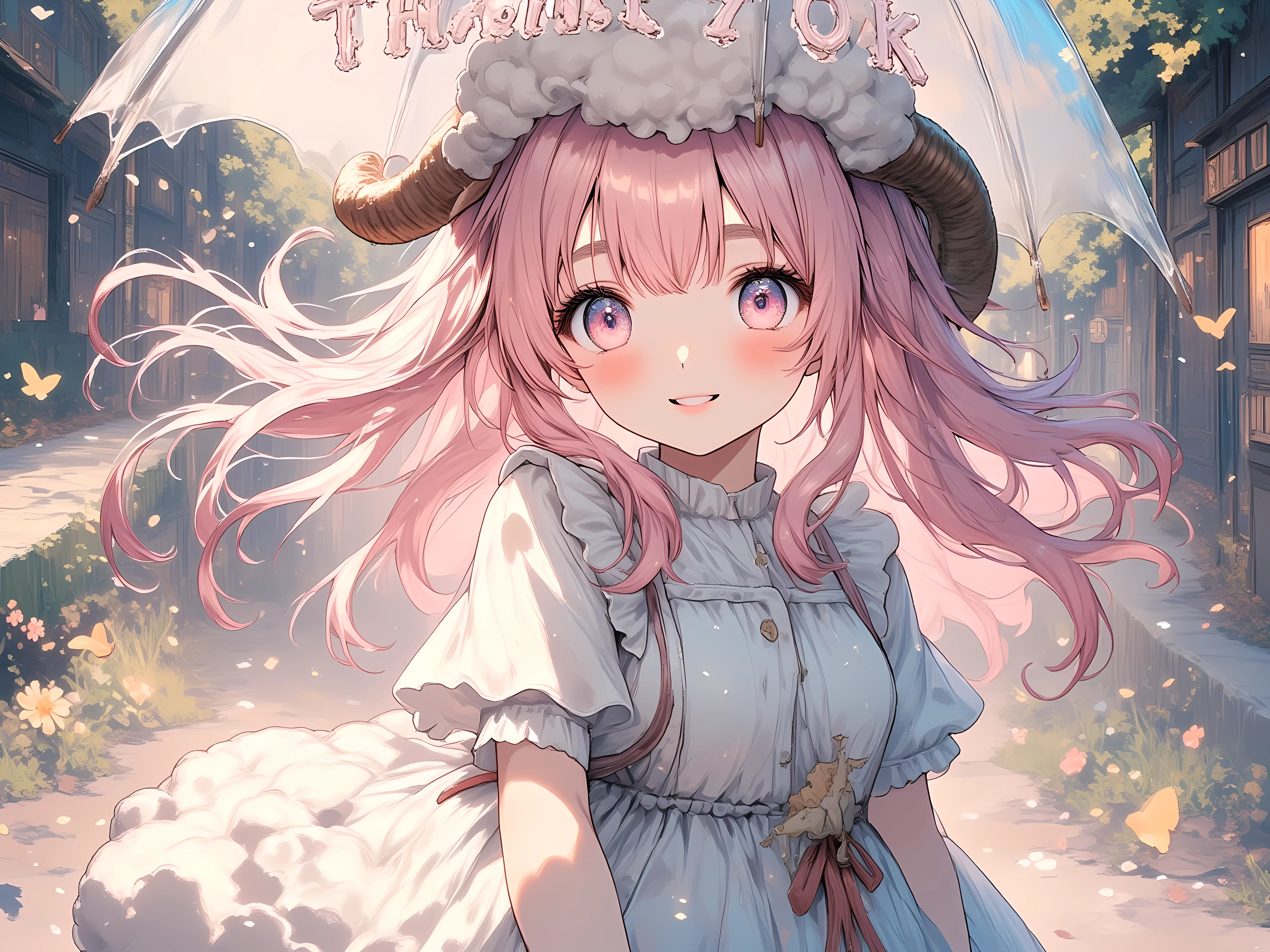 "Thanks 70k" written on an umbrella, (masterpiece, best quality, extremely detailed, absurdres, very aesthetic), dutch angle, cowboy shot, (highly detailed background, lighting), (sheep girl\super detailed skin, detailed beautiful face and eyes, Big and soft anime eyes, Thick eyebrows:1.1,Fluffy long hair like a sheep's wool, pink hair, Each and every strand of hair is depicted in detail, Sheep's round horns, smile), Tシャツに書かれた「Thanks 70k」 BREAK Natural elements, fantastical features, light and shadow effects, color and atmosphere, "70k" sign