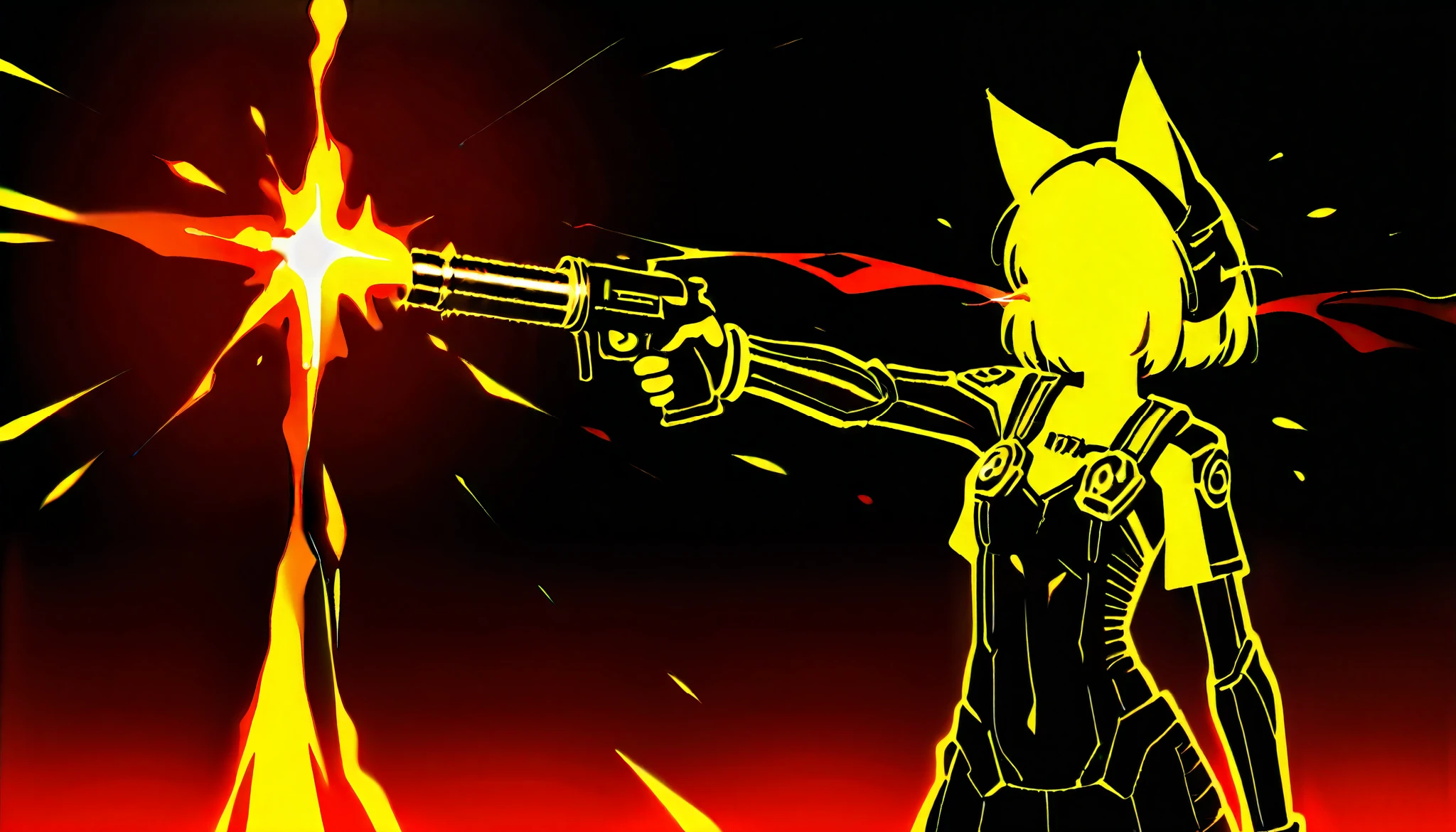 Art poster game "RAST". The"RAST" label". RAST game theme. The luminous silhouette. Neon skinny girl in full growth with a Bullet Gun at the ready, with cat ears, niji style, black background, masterpiece, glowing silhouette on a black background