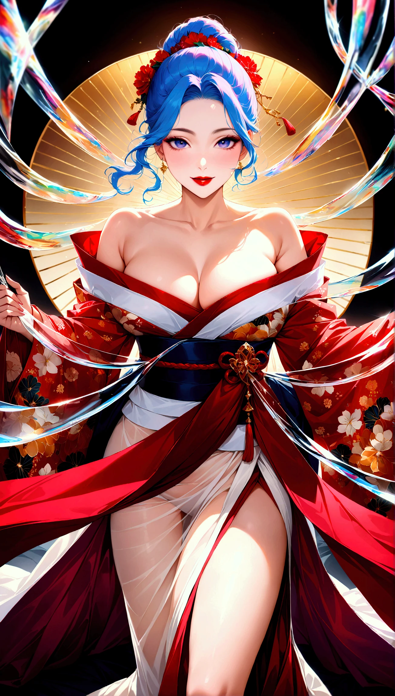 Professional drawing with colored pencils. Oiran, With a strange expression on his face and a large knife in his hand... Japanese and European style. nuanced color, Contrasting colors. Some graffiti and vector art styles. ((best quality)),Navel expulsion,((I divided it into two colors.,The hair on the left side is white.,The hair on the right side is black.)) ,(Japanese clothes：1.2,(big breasts),seductive pose