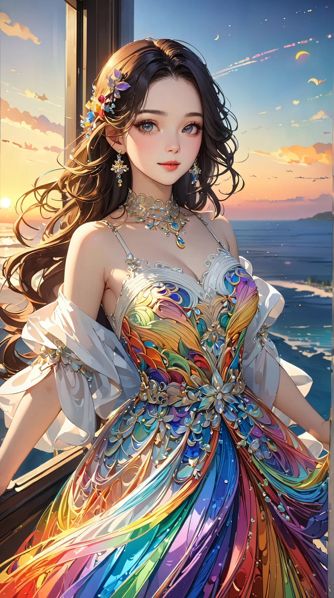 (Masterpiece, Realistic: 1.4), (Extreme Precision: 1.2) >, Close-up, Portrait, (Upper Body: 1.2), (Front: 1.3), 191971 Dress, Back Dress, (Long Skirt: 1.2), Extra Long Hair, Breasts, Bare Shoulders, Sky, Ocean, Water, Looking at the Audience, Italian, Head Tilt, Wind, Clouds, Sunlight, Outdoor, 1girl, Solo, BREAK, Cinematic Light, Ultra High Resolution, 8k UHD, Film Granules, Perfect Anatomy, Delicate and delicate skin, best shadows, delicate, RAW, high resolution,