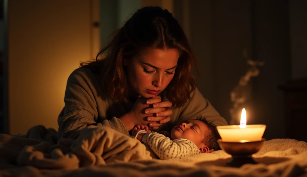 Sitting Woman The whole picture Georges Latour style dark backgrounds Candlelight holding a baby wrapped in cloth Western beauty Eyes that draw in
