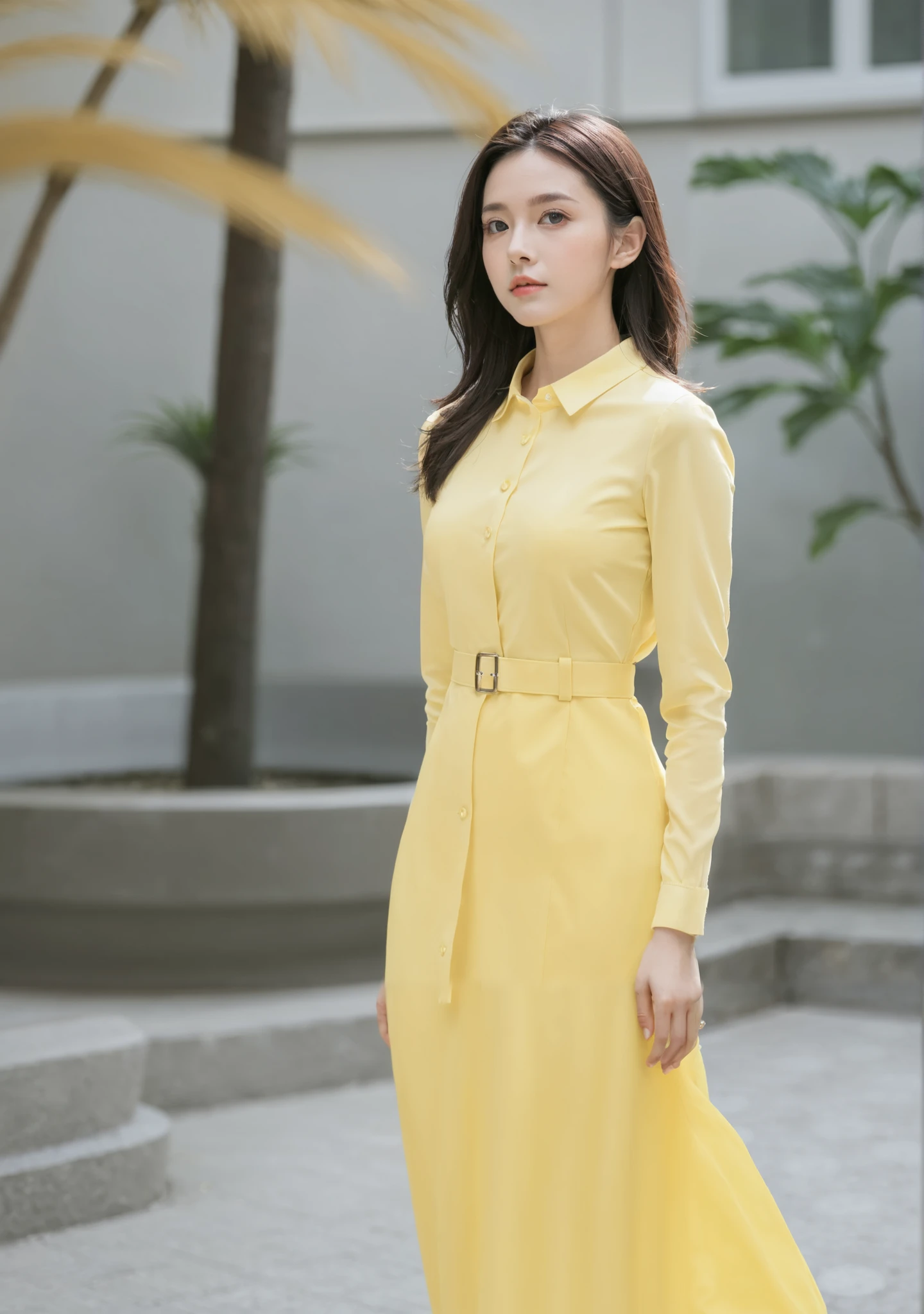 Araffe woman in a yellow dress standing in front of a building - SeaArt AI