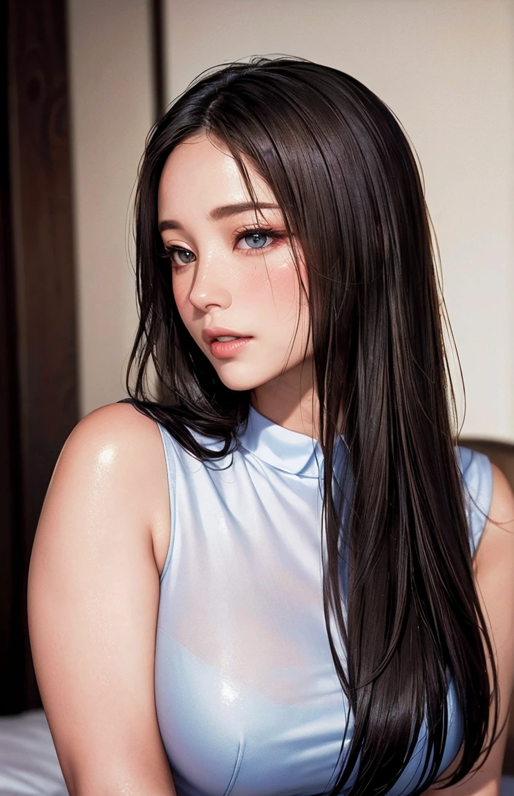 (high-level image quality、high-detail、hightquality、hight resolution、Draw everything accurately in high resolution)、Very intense crystal light blue eyes、Very pale blue eyes、Smaller diamond-shaped earrings、Look firmly at the camera、Put your ears out、Beautiful short black hair、Beautiful very short beautiful hair with bangs、Show off all the beautiful décolletés、Beautiful 28 years old、lipgloss、long neck、happily laughing、Smiling very happily、Beautiful teeth alignment、Beautiful teeth、Beautie、Pretty Woman、Business shirt with a snow-white collar with open chest、Wide Open Color、illuminate the back with very strong light from the windowsill,,,,、Very immaculate background、Really snow-white background、Slightly bigger eyes、Brings intense light to the eyes、rather broad shoulders、tall supermodel、Long-legged supermodel、Female sexy、Turn your face slightly to the side、Very mature and beautiful woman、Very small face