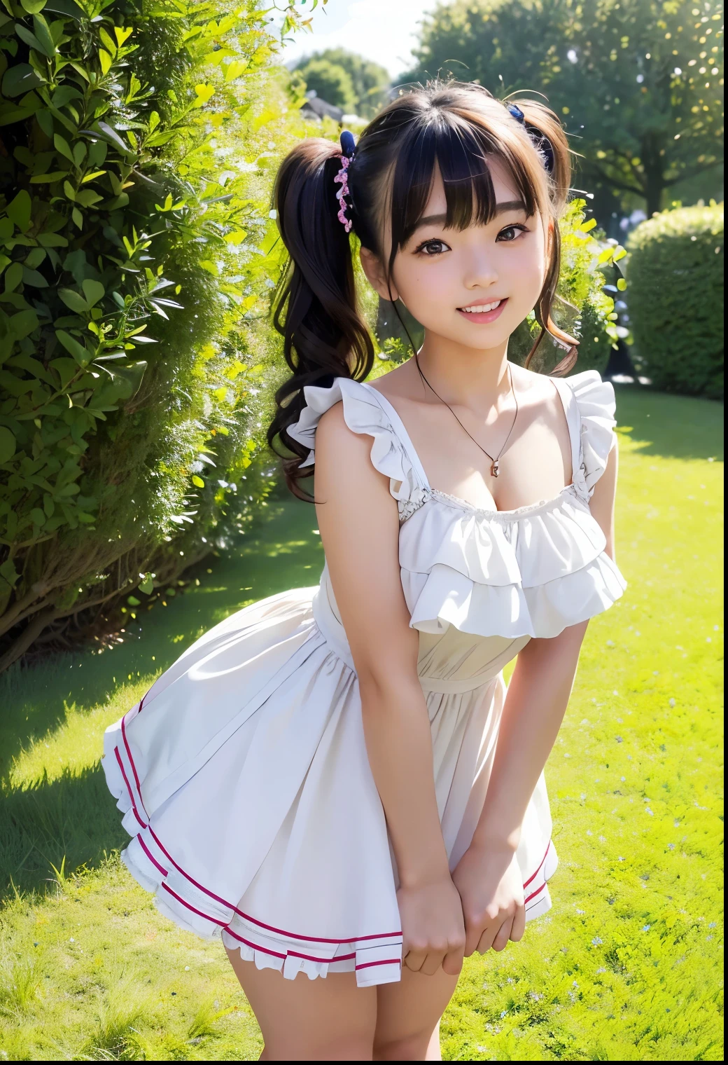 (  top quality, Masterpiece:1.3,  super high resolution ),(  very detailed bust 、  caustics) (  is present :1.4, RAW shooting、)Ultra-  is present  Capture、  very detailed bust 、   natural skin texture 、 Masterpiece、( Japanese  wearing a ruffled dress:1.3)、  cute expression  、Expression of happiness、、: 、baby face、  innocent gzingly cute、  twin taairstyle 、 curly hair 、ribbon、   black hair、  big breasted with a cross eye、 Glowing Thighs、Shining Ass、  necklace、Photographed in a private garden with sunshine 、 Standing Posture 、Background details、smile、 An inviting gaze 、(   One girl in front of her is anatomically accurate )、 attention to detail 、 touch the hair with one hand 
