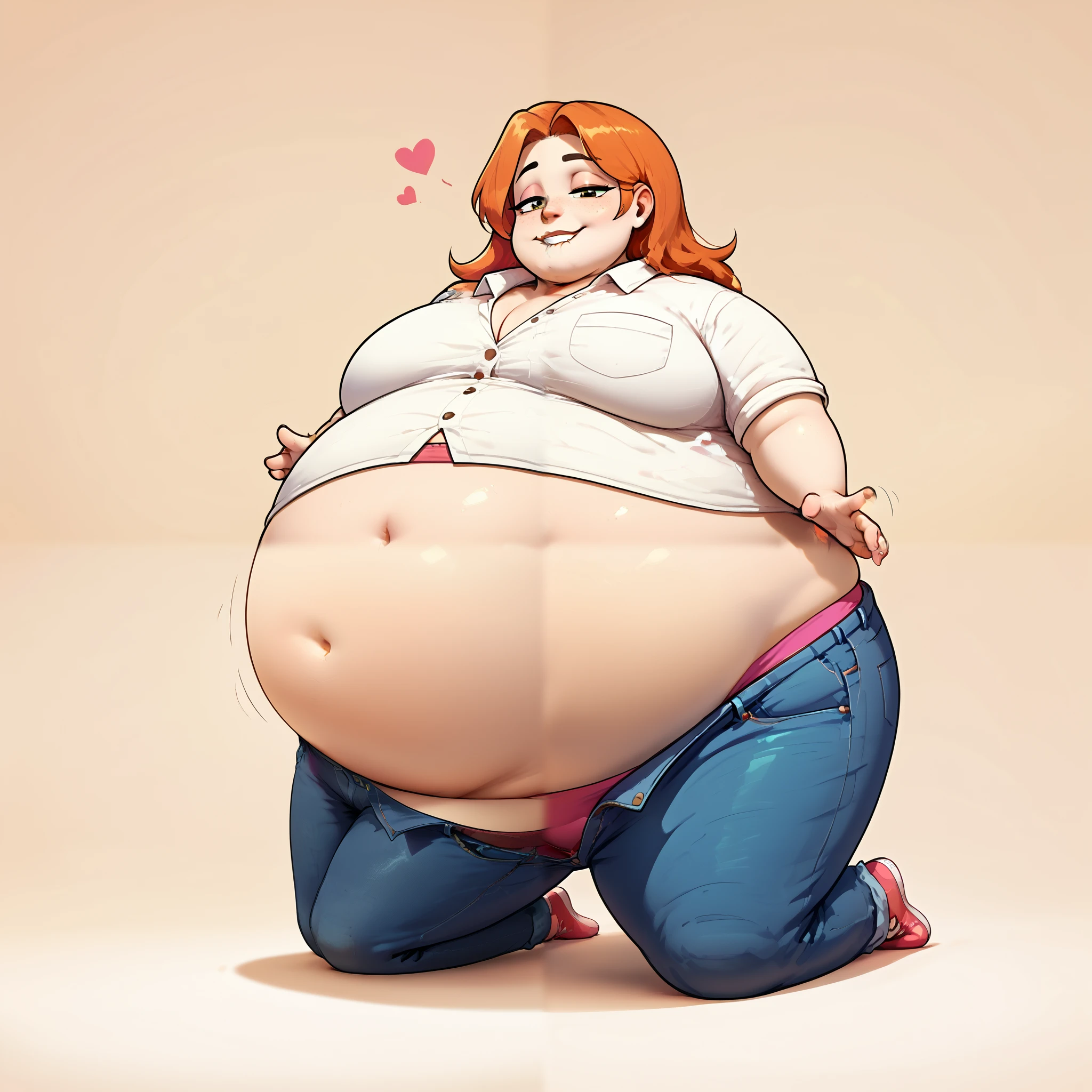 ,illustration of a woman in clothing store, short buttoned blouse with tight red jeans, love handles, belly skinny:1.3, skin indentation, deep skin, best quality, extremely high resolution, sharp focus, dynamic, inside a clothing store (creativity:1.3), chubby belly bulge, Norman Rockwell style