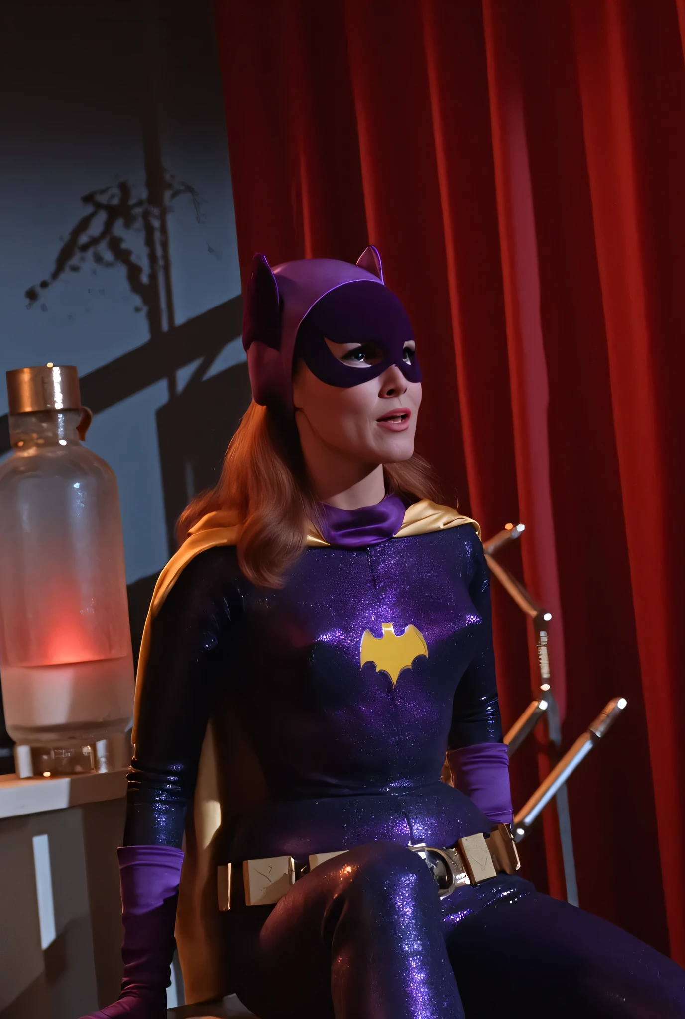 yvonne craig woman, 60's style, analog film, film grain, on a lab. Some red lights