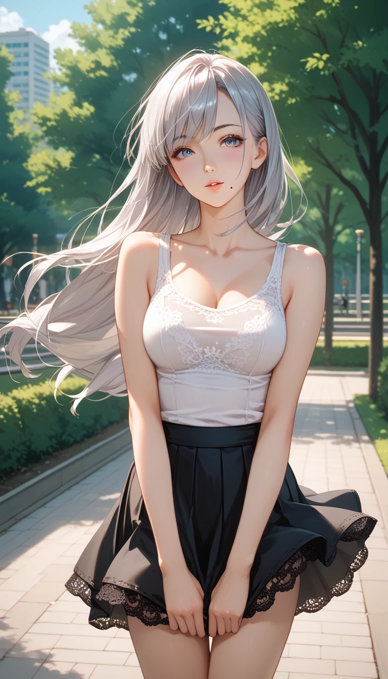 Gal、Sunny day in the park、Wearing a camisole、Her hair is blonde and silver、Face smiling happily、Around 25 years old、Anime style illustration long hair,