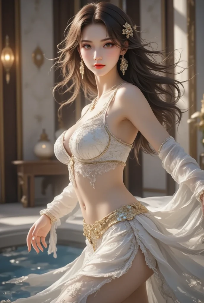 (masterpiece, highest quality, highest quality, Official Art, beautifully、aesthetic:1.2), Actual item、RAW、(Photorealistic:1.2)、Sharp Focus、(One girl), Very detailed,(Fractal Art:1.3),colorful,Most detailed、Alluring、sexy、Eros、Beautiful Face、Detailed face、Perfect proportions、Big Tits、Narrow waist、navel、Crotch gap、Thighs、Dynamic Pose、Dynamic Angle