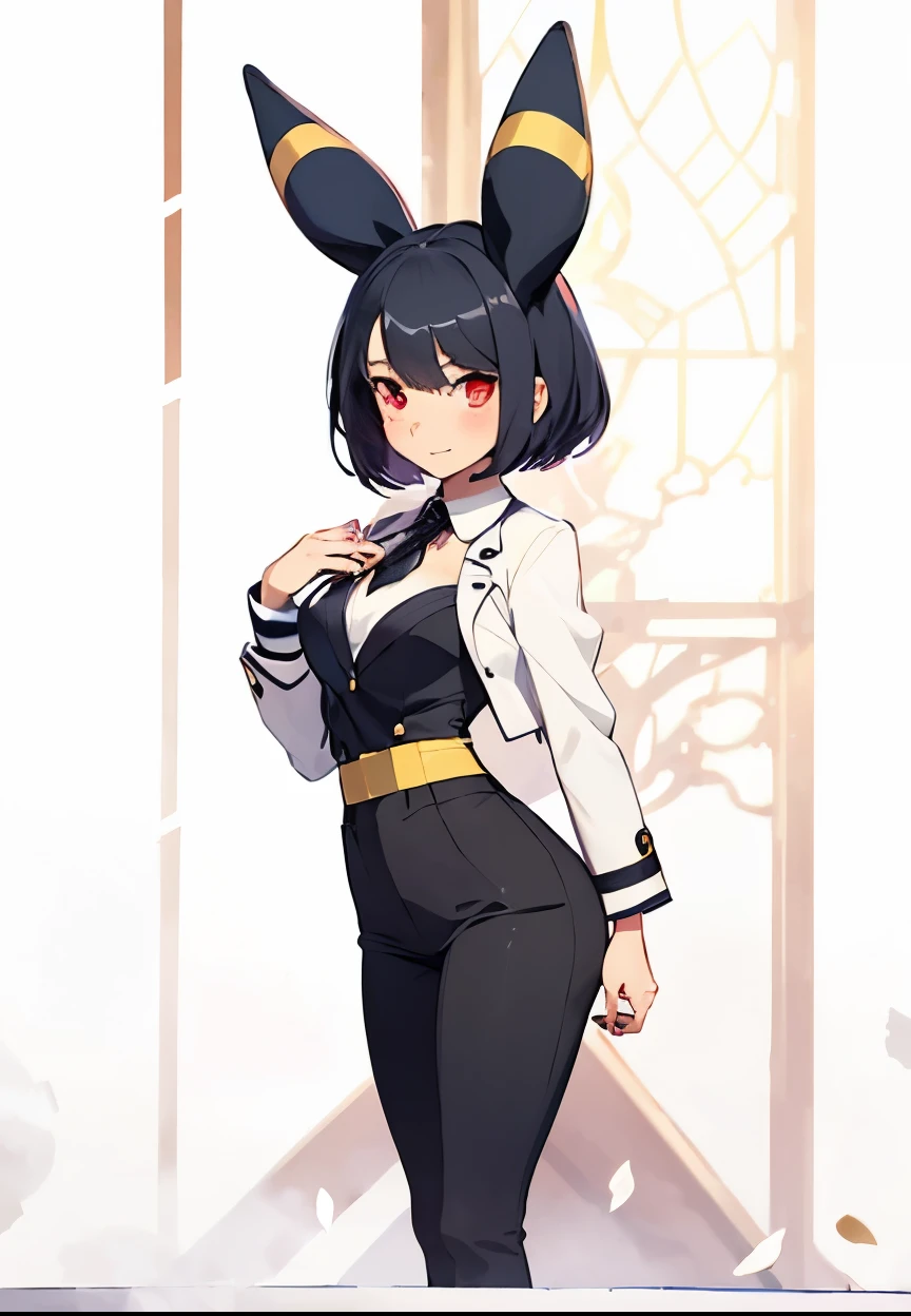 A dramatic wedding ceremony scene on a majestic altar , with a woman inspired by anime style standing confidently under a soft golden light that filters through stained glass. Character Description :
- Jet black hair cut pixie with shiny texture ,
- Vibrant red eyes that sparkle slightly in ambient light ,
- Ears similar to those of an Umbreon ( black buttocks with a horizontal yellow stripe in the center ),
- A seductive smile and sharp, elegant facial features ,
- Tight black dress ( White shirt, black jacket , black pants) that highlights her slim waist , flat chest and small hips , accenting her toned and sculpted ,
- Pastel pink silk tie that adds a touch of color to the single outfit romantic .
Details of the stage :
- The altar is decorated with white roses , ivy garlands and candle holders , creating a romantic but slightly gothic atmosphere ,
- A soft haze near the floor mixes with rays of golden light ,
- Behind her , a stained glass window with heavenly patterns in deep blue and gold ,
- Blurred silhouettes of guests dressed in label in the background , focusing attention on her ,
- Floating flower petals ( white and pale pink ) around the scene .