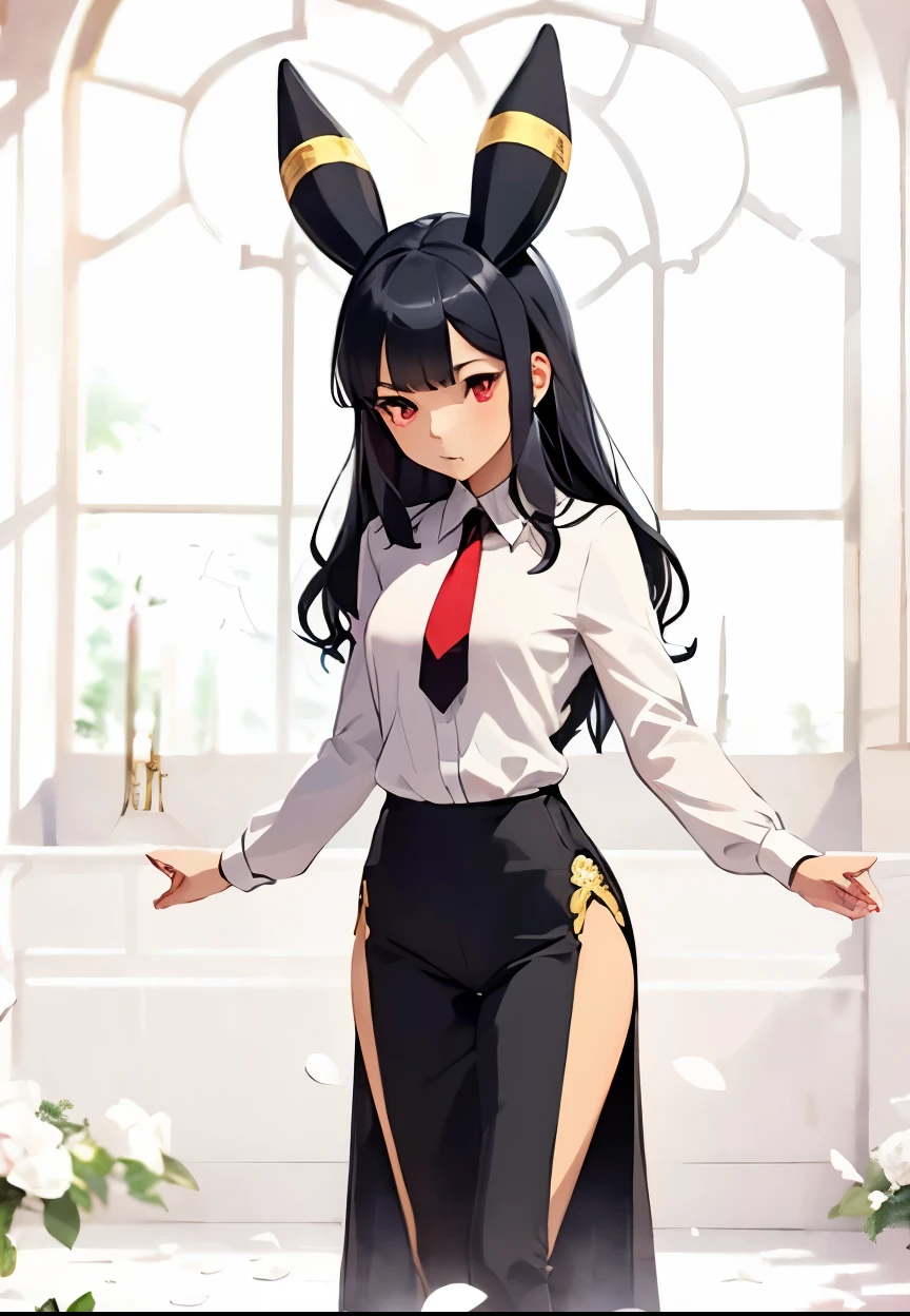 A dramatic wedding ceremony scene on a majestic altar , with a woman inspired by anime style standing confidently under a soft golden light that filters through stained glass. Character Description :
- Jet black hair cut pixie with shiny texture ,
- Vibrant red eyes that sparkle slightly in ambient light ,
- Ears similar to those of an Umbreon ( black buttocks with a horizontal yellow stripe in the center ),
- A seductive smile and sharp, elegant facial features ,
- Tight black dress ( White shirt, black jacket , black pants) that highlights her slim waist , flat chest and small hips , accenting her toned and sculpted ,
- Pastel pink silk tie that adds a touch of color to the single outfit romantic .
Details of the stage :
- The altar is decorated with white roses , ivy garlands and candle holders , creating a romantic but slightly gothic atmosphere ,
- A soft haze near the floor mixes with rays of golden light ,
- Behind her , a stained glass window with heavenly patterns in deep blue and gold ,
- Blurred silhouettes of guests dressed in label in the background , focusing attention on her ,
- Floating flower petals ( white and pale pink ) around the scene .