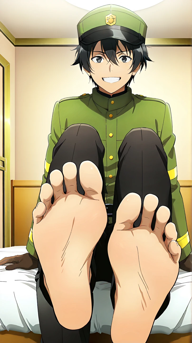 anime, One boy, Handa Shinichi, Brown Hair, Brown eyes, stop temporarily,Composition looking up from below、please sit down、A plastic bottle next to、Tired face、No background、(Master Parts:1.2, Highest quality), alone, Sitting, Show off your legs, Showing legs,showing alone, Natural materials,Face close-up,smile, Troubled face,Point your foot at the camera,Shorts, uniform,juvenile, Detailed face, Correct anatomy of the foot, Foot Anatomy, Sexy legs,Sweaty,Water Drop, Feet pointing towards the viewer, Detailed feet, Correct anatomy of the foot,