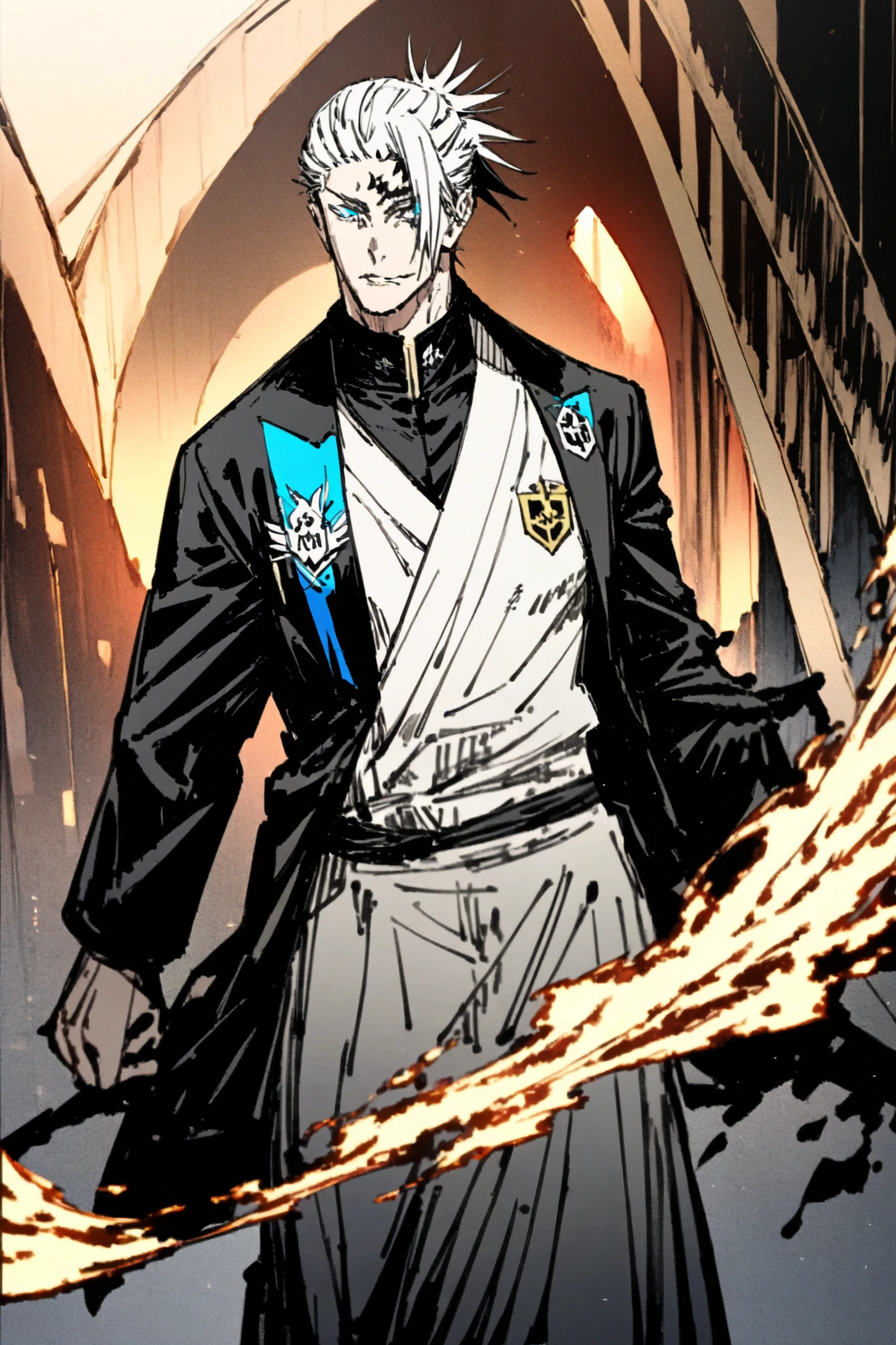 appearance: Renji is a tall man with an athletic build , with short silver hair on the sides , leaving the upper part longer and disheveled . His eyes are an intense and sharp blue , reflecting a defiant and selfless look . He always wears informal clothes inside the Agency , but in combat he wears a long jacket with an emblem on his back that says: "The fire of youth never goes out ."