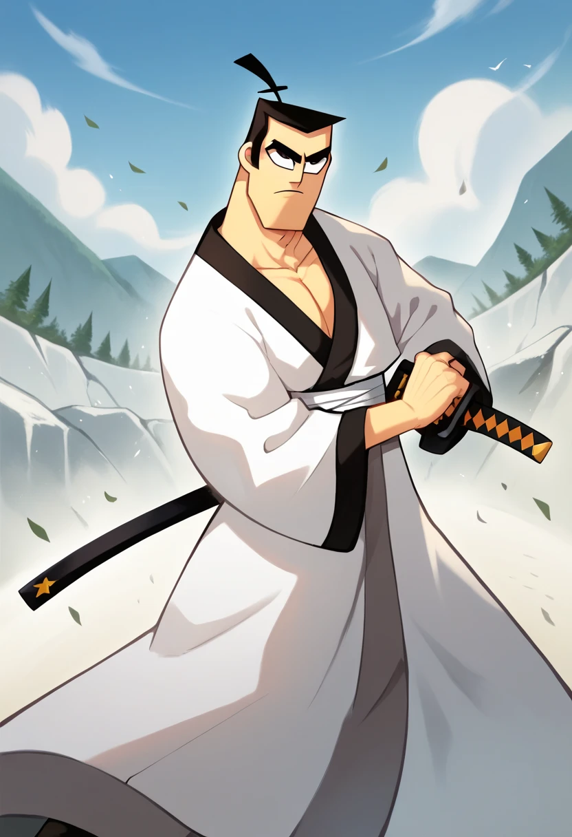score_9, score_8_up, score_7_up, score_6_up, perfect anatomy, perfect proportions, best quality, masterpiece, high_resolution, high quality, aesthetic, absurdres, (male focus), solo male, source_cartoon \(Samurai Jack\), cartoon coloring \(Samurai Jack\), Samurai Jack\(Cartoon Network\), Berjack, black hair, short hair, samurai topknot, single topknot, black eyes, japanese clothing, white kimono with grey accents, wide sleeves, white Nagajuban \(japanese clothing\), Nagajuban \(japanese clothing\), geta\(footwear\), adult, mature, masculine, manly, handsome, charming, alluring, battoujutsu, fighting stance, upper body, dutch angle, cowboy shot, 2d, flat, fine art parody, science fiction, future city