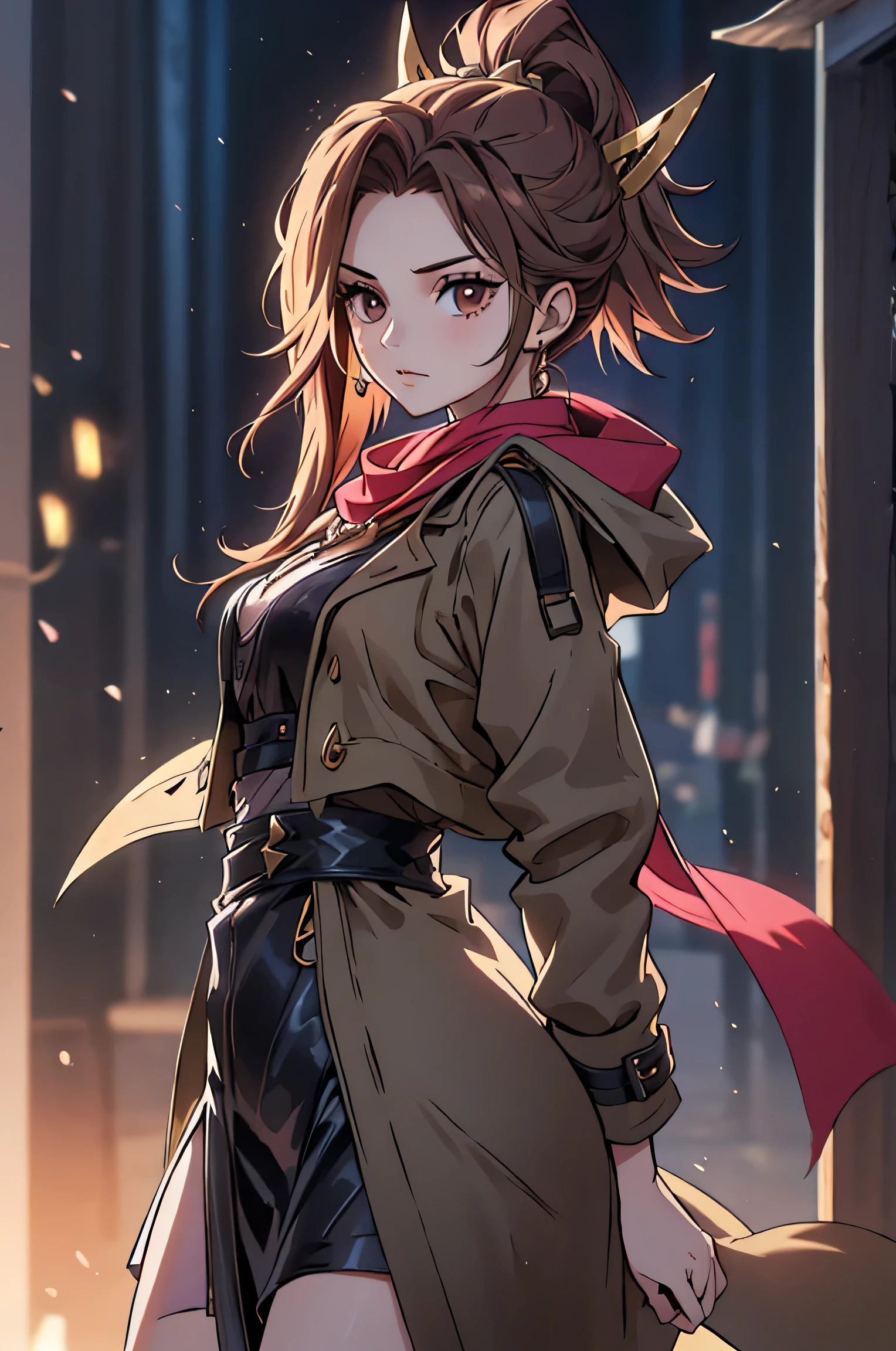 girl with long hair, Poce with a katana . light brown hair, brown eyes . she wears a black trench coat and a red scarf around her neck, Her hair is loose, She has a katana !!