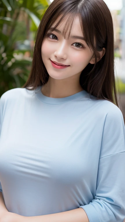 (Highest quality、8K、32k、masterpiece)、(Realistic)、(Realistic:1.2)、(High resolution)、Very detailed、Very beautiful face and eyes、1 Girl、Round and small face、Tight waist、Delicate body、F cup breasts、(Highest quality、High detail、Rich skin detail)、(Realistic、Realistic:1.37)、Bright colors、(((Brown Hair)))、(((Full Body Shot)))、(((Medium Hair)))、(((This is a stylish hairstyle)))、(((White wall background)))、(((White wall background)))、(((smile)))、(((明るいsmileです)))、(((Teeth are visible)))、(((Wearing a light blue T-shirt)))、(((The T-shirt has English text on the front..)))、(((hot pants)))、(((デニムのhot pants)))、(((Black Hair)))、(((Hands on hips)))、(((Leaning forward)))、(((Beautiful clavicle)))、(((She tucks her hair behind her ear with her right hand)))、(((Light blue shirt)))、