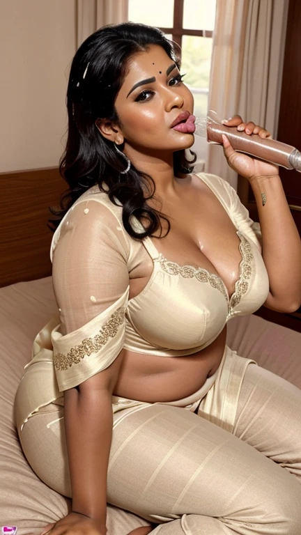 Bedroom scene, 40 year old vey beautiful north Indian plus sized aunty in cream colour saree and bra, sitting on bed, giving a blowjob to a man, ( cum Splash on her face, cum Splash, cum Splash on her lips) sitting on bed, with a group of men, full body image 