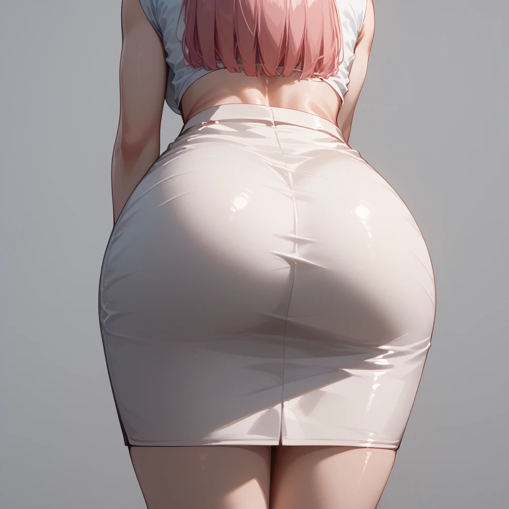 pink hair 、 Top Quality、 Masterpiece、( professional lighting )、 surreal、 charming、 figure like a slender supermodel 、 One Girl , ( lean forward to the camera and show off her butt ), ( medium boobs), ( arched , white skin without wrinkles or unevenness ), (Bright, beautiful blue eyes , wolf cut, A super mini tight skirt looks great 。、 show off a pose exposed from directly behind her butt ), ( beautiful face squinting in bright light )