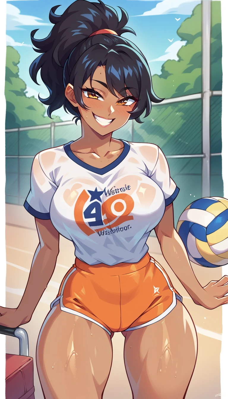 UHD, anatomically correct, 8k, ultra high res, (((masterpiece))), (((best quality))), (((ultra detailed))), (((high-resolution))), ((super fine illustration)), ((Ultimate cutie)), detailed beautiful face, shiny hair, potbelly, (curvy), medium breasts, (Thick thighs), solo, one girl, (gyaru), shiny hair, ((happy)), ((smile)), ((blush)), BREAK, ((hold Beautiful spherical shape 6-inch volleyball with both hands)), BREAK, (((buruma))), ((sleeveless volleyball uniform)), (knee pad), ((sweat)), (covered in sweat), (heavy breathing), sense of depth, in volleyball court, gymnasium, looking at viewers, cowboy shot