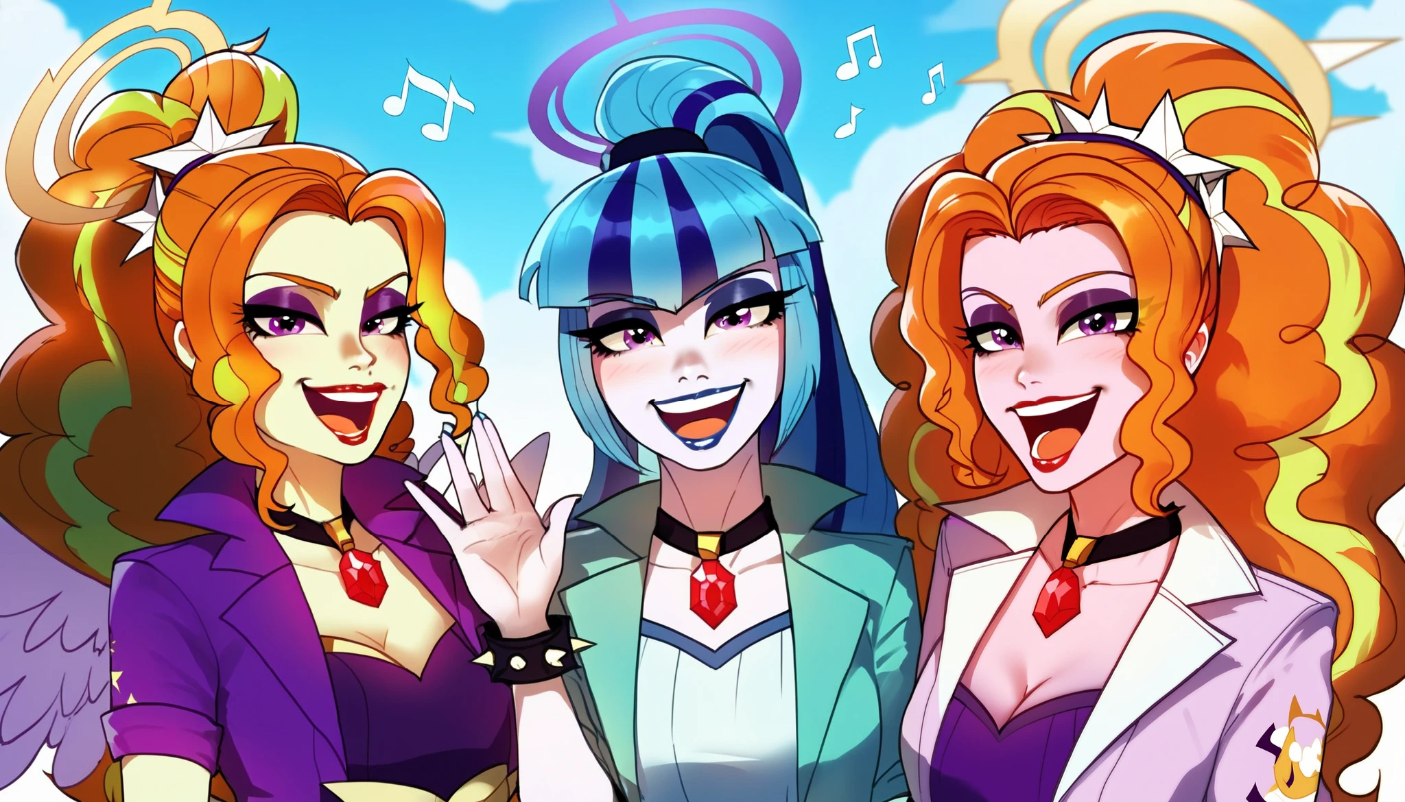 by scorpdk, scorpdk, score_9, score_8_up, score_7_up, score_6_up, score_5_up, score_4_up, source_furry, source_pony, rating_safe, humanized, equestria girls, female, trio, sonata_dusk_mlp, adagio_dazzle_mlp,  aria_blaze_mlp human female, red lipstick. cloudy background, 3 girls, trio, eyeliner, dark eyeshadow, face shot, angel wings, white robes, halo, singing, happy, friendly looking,  looking at viewer, waving,  