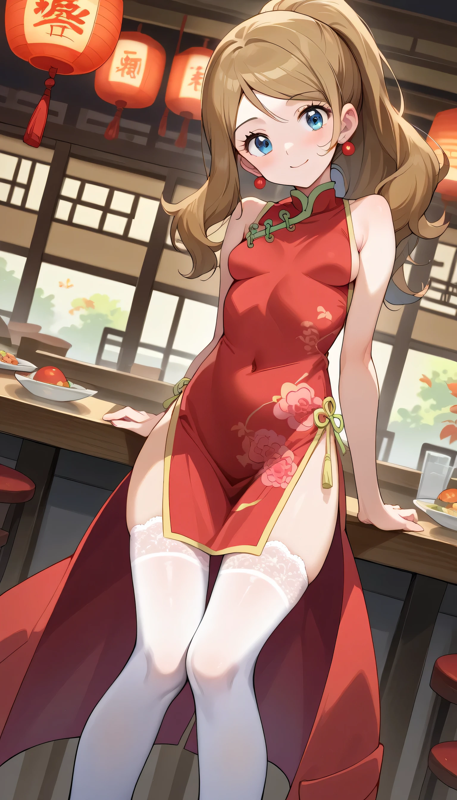 score_9, score_8_up, score_7_up, source_anime,
pokemonserena, serena, long hair, blue eyes, brown hair, small breasts, ponytail 
Japanese restaurant, flower pattern pink Qipao, white lace thigh high stockings, pink high heels, hip bones,Chinese dress, boob window, earrings 
looking at viewer, cowboy shot, dutch angle, bending over, seductive face, teasing the viewer, cozy smile, 