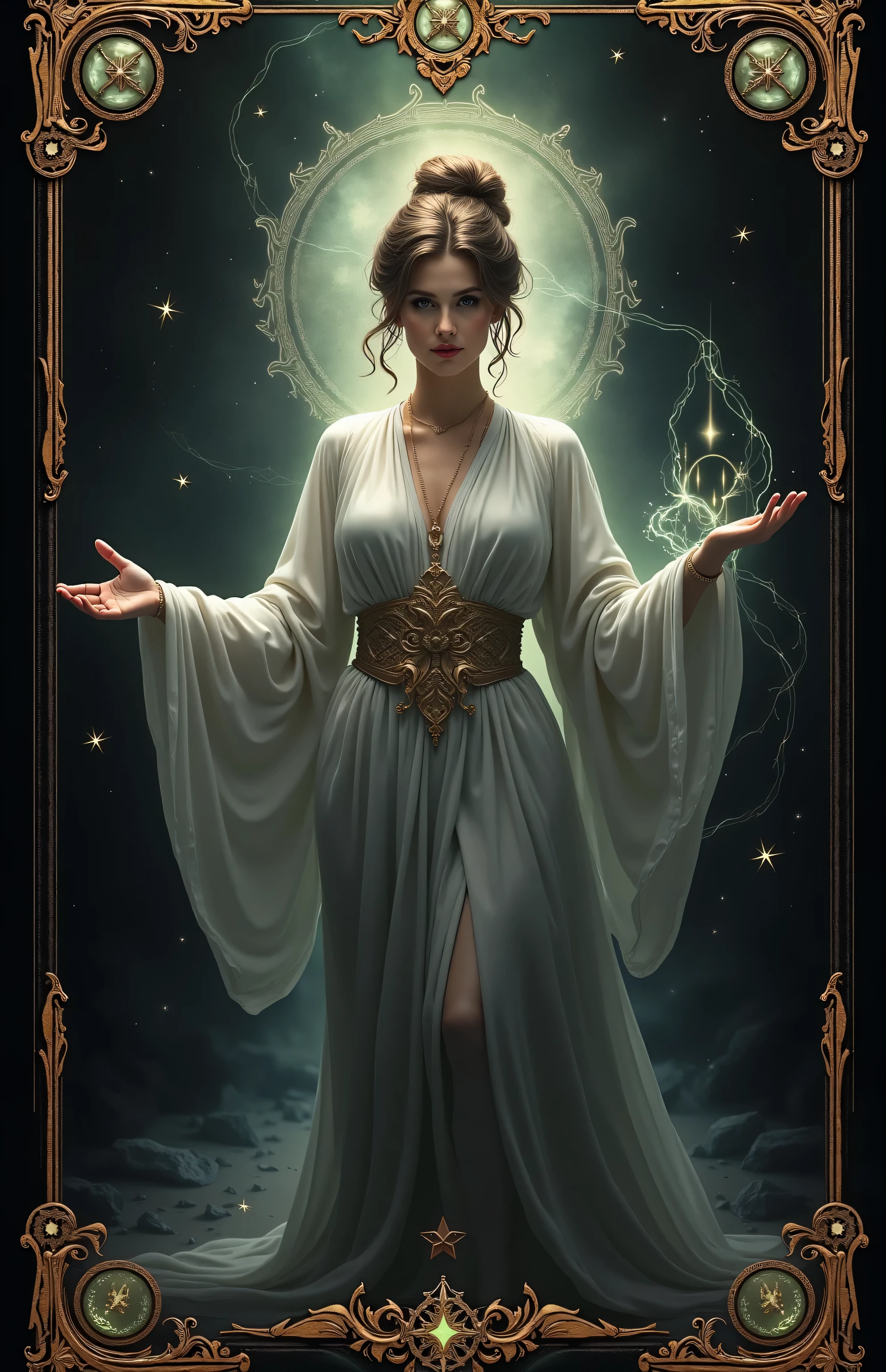 (clothed, masterpiece, wide angle, cinematic establishing shot, young adult european woman, highly detailed background:1.2), volumetric lighting, subsurface scattering, dynamic pose, (special effects, color grading, fantasy aura), (Lunar Seer:1.4), (Small Perky breasts:0.81), Cratered moon, prophetic scrolls, lunar light, starlit mantle