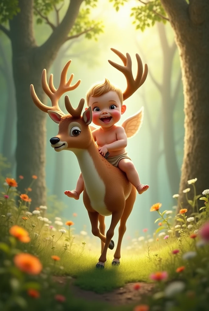 Kid Riding A Deer A realistic baby , happy, smiling and having fun riding a deer - SeaArt AI